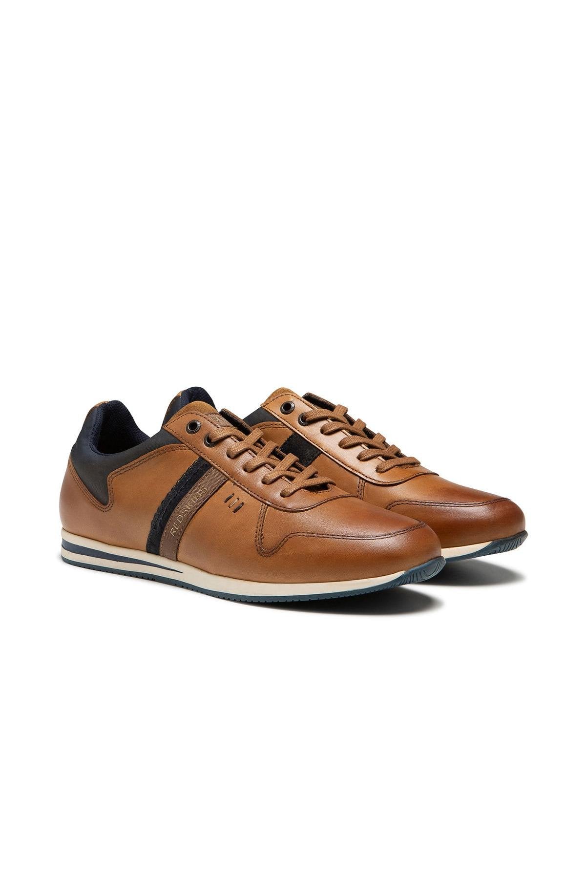 Cognac and navy blue leather sneakers - Image n°1