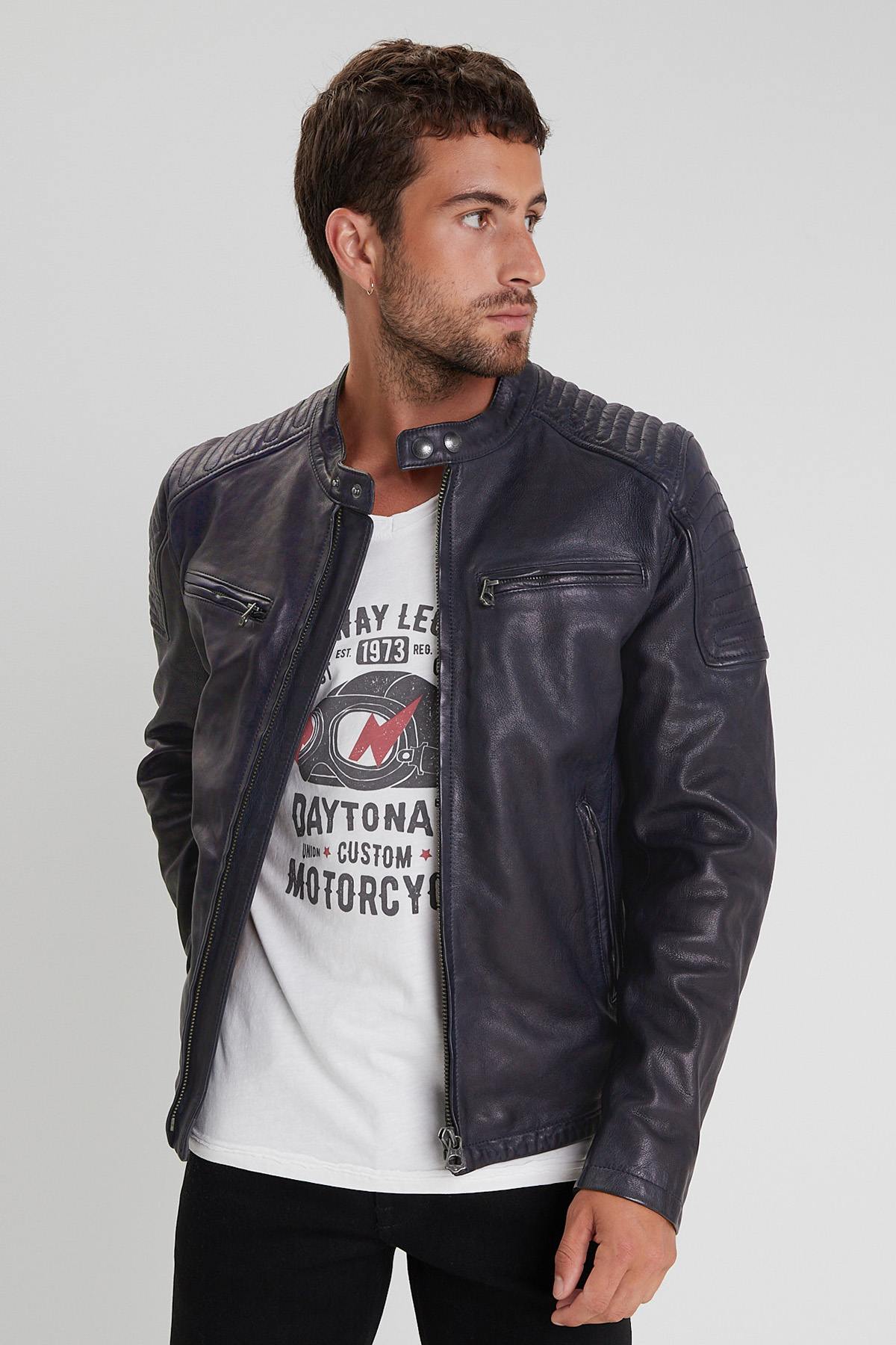 Navy blue leather jacket with biker collar for men - Image n°4