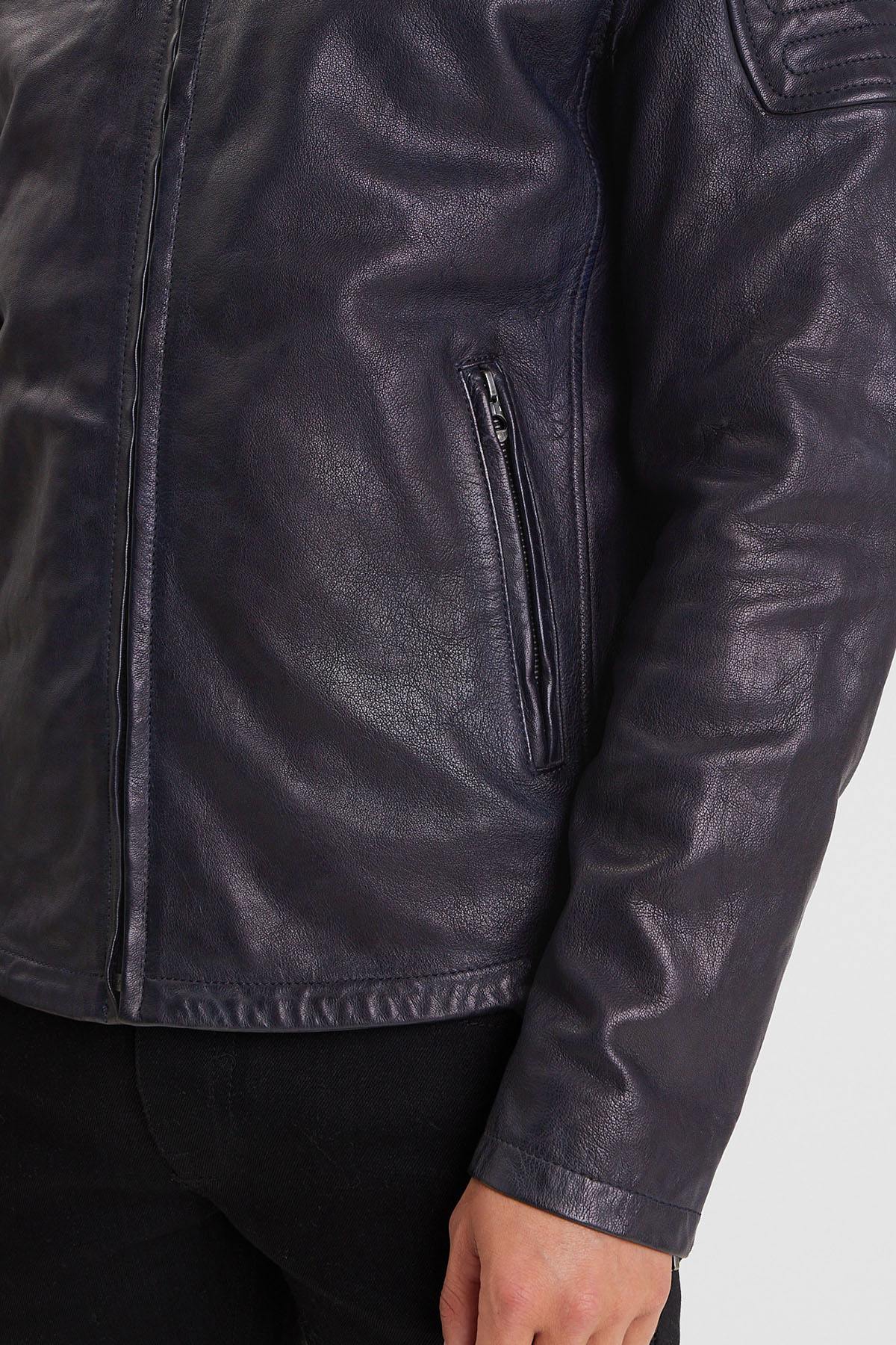 Navy blue leather jacket with biker collar for men - Image n°6