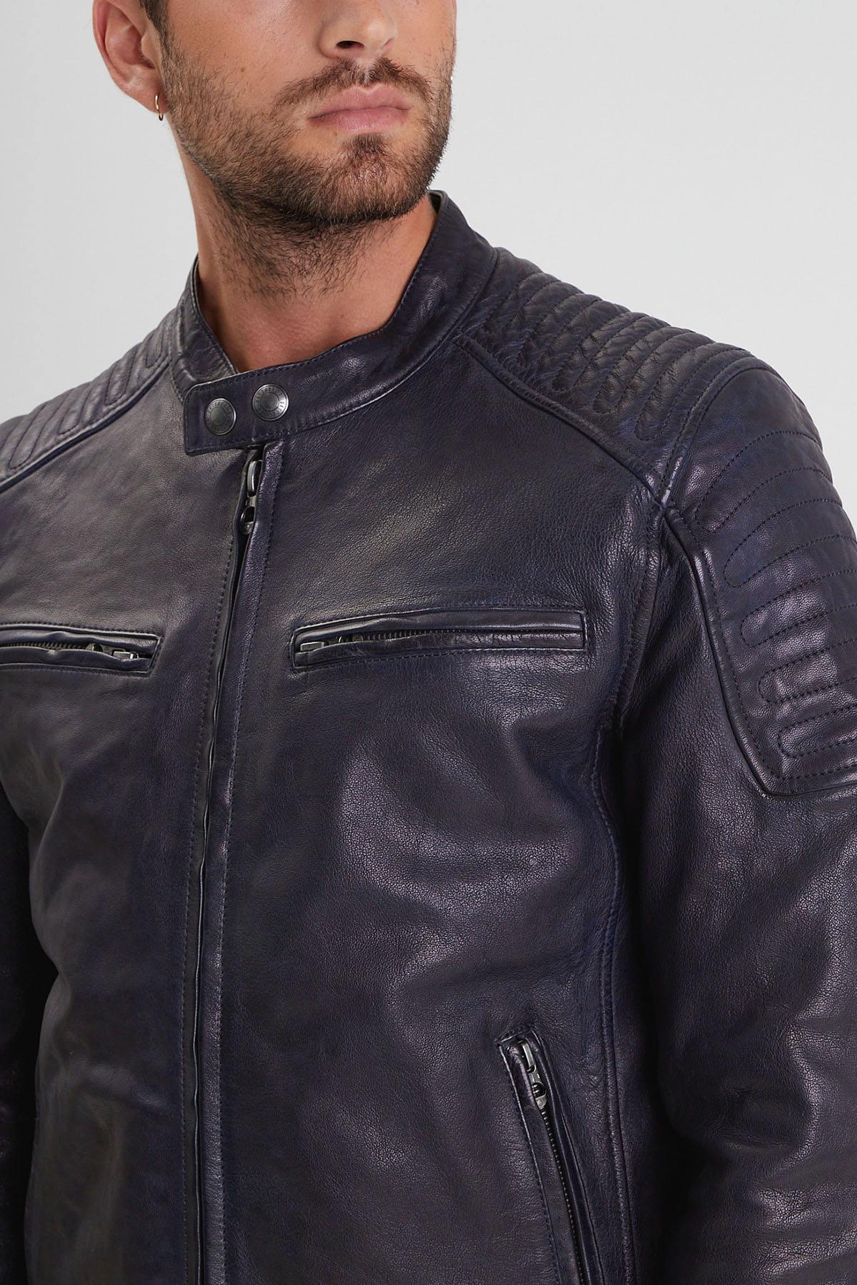 Navy blue leather jacket with biker collar for men - Image n°3