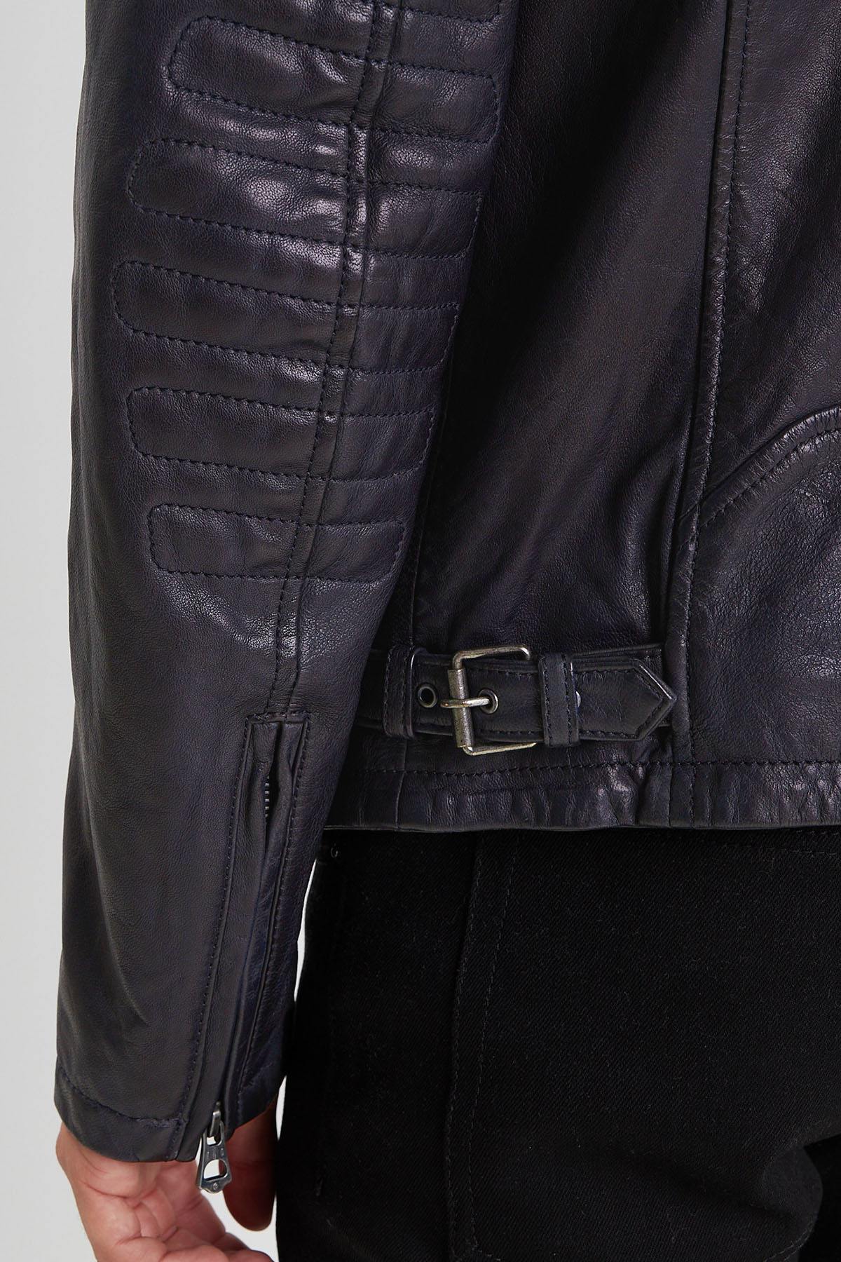 Navy blue leather jacket with biker collar for men - Image n°5