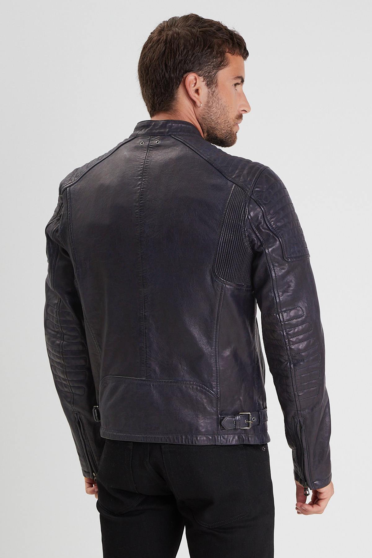 Navy blue leather jacket with biker collar for men - Image n°2