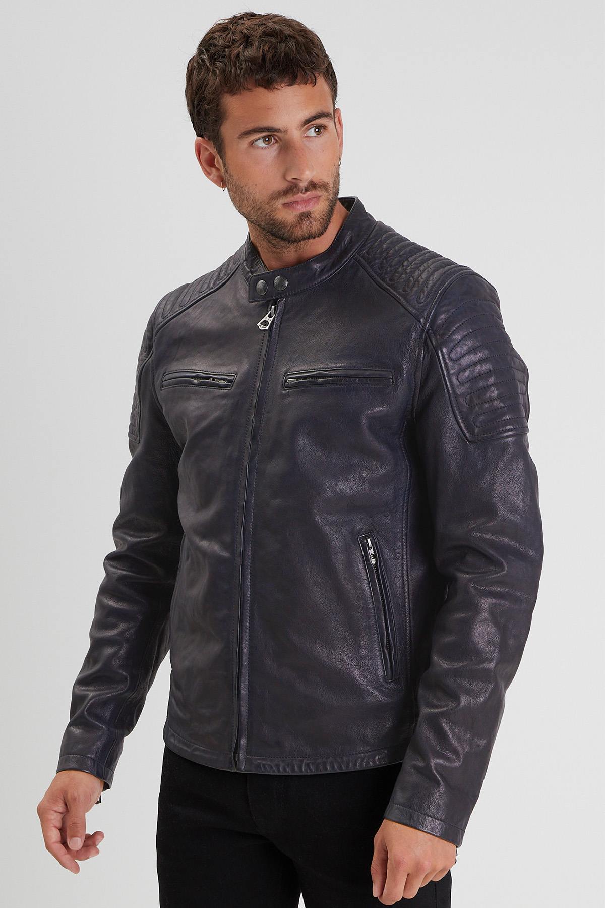 Navy blue leather jacket with biker collar for men - Image n°1