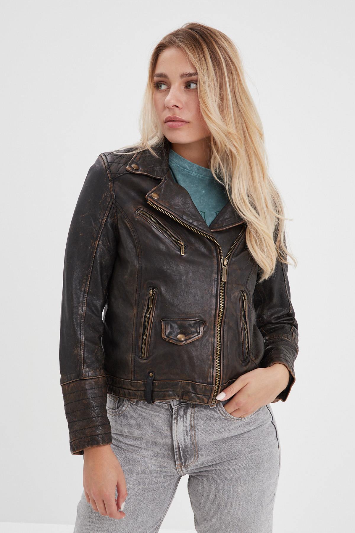 Distressed leather jacket for women - Image n°6