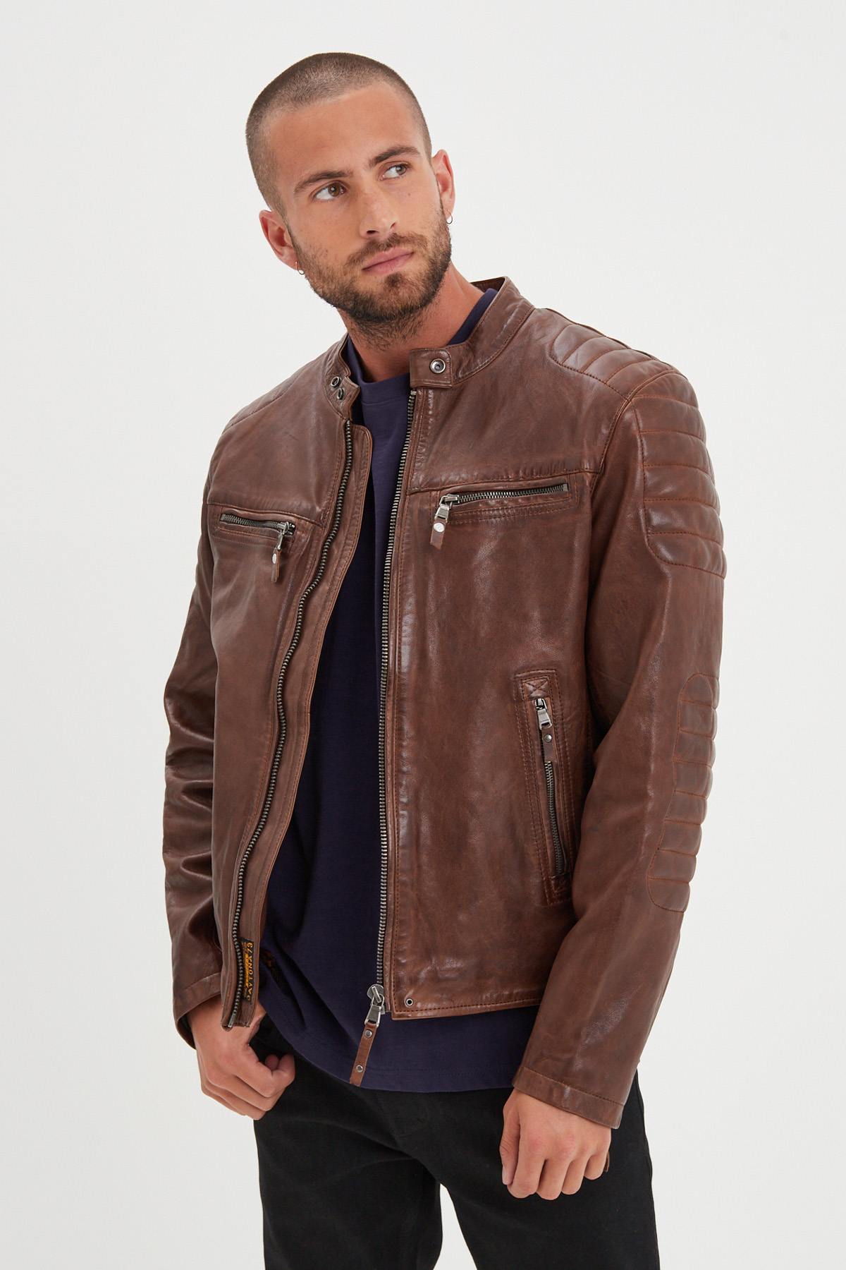 Cognac biker collar leather jacket - Image n°1