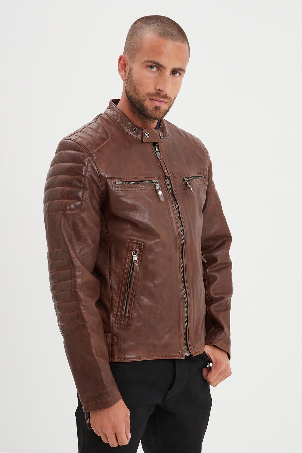 Cognac biker collar leather jacket - Image n°3