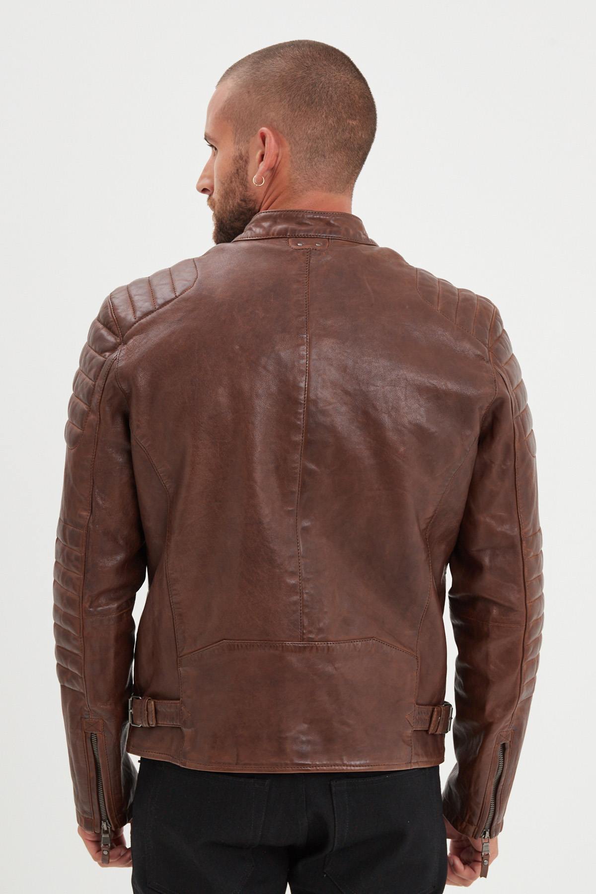 Cognac biker collar leather jacket - Image n°4