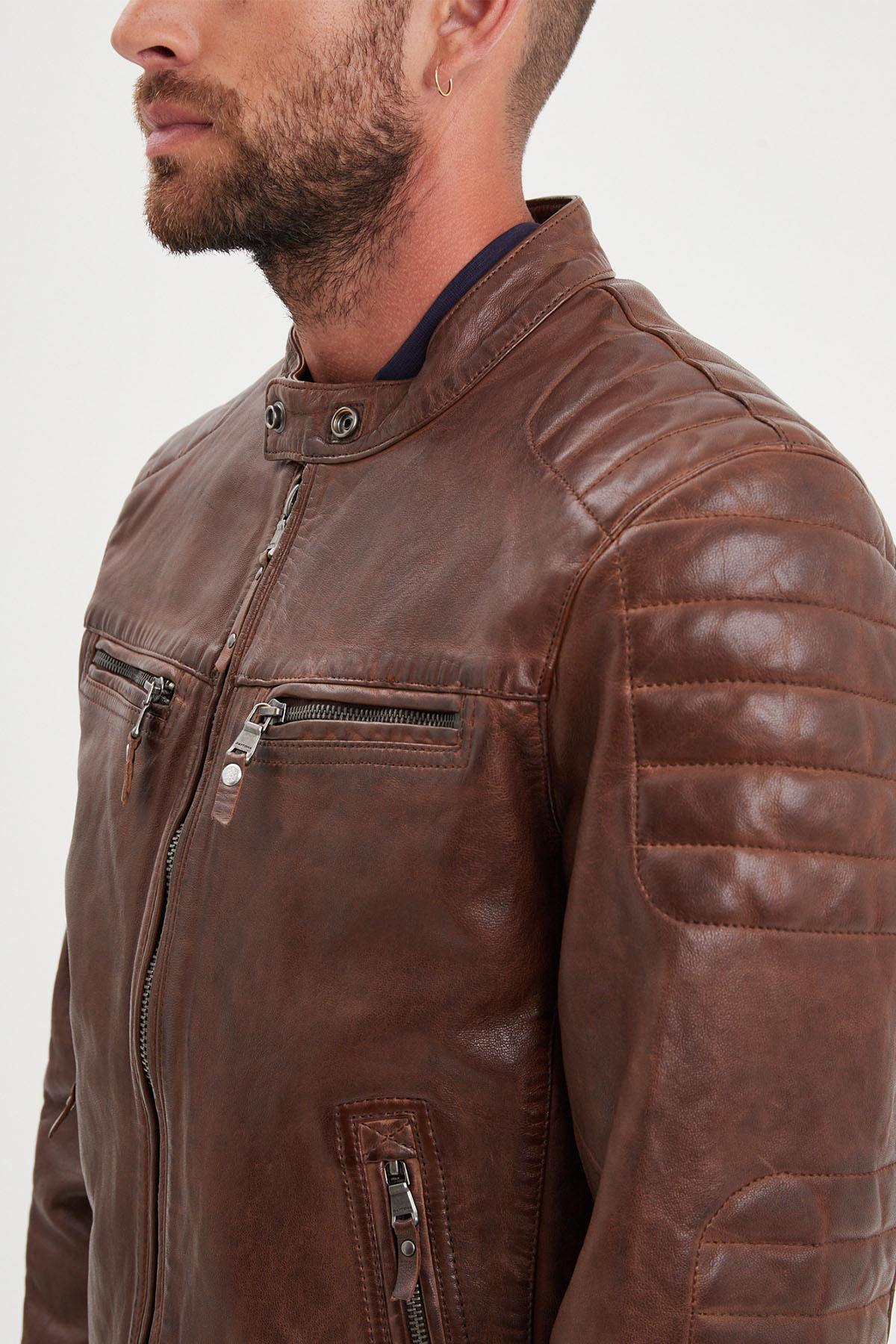 Cognac biker collar leather jacket - Image n°2