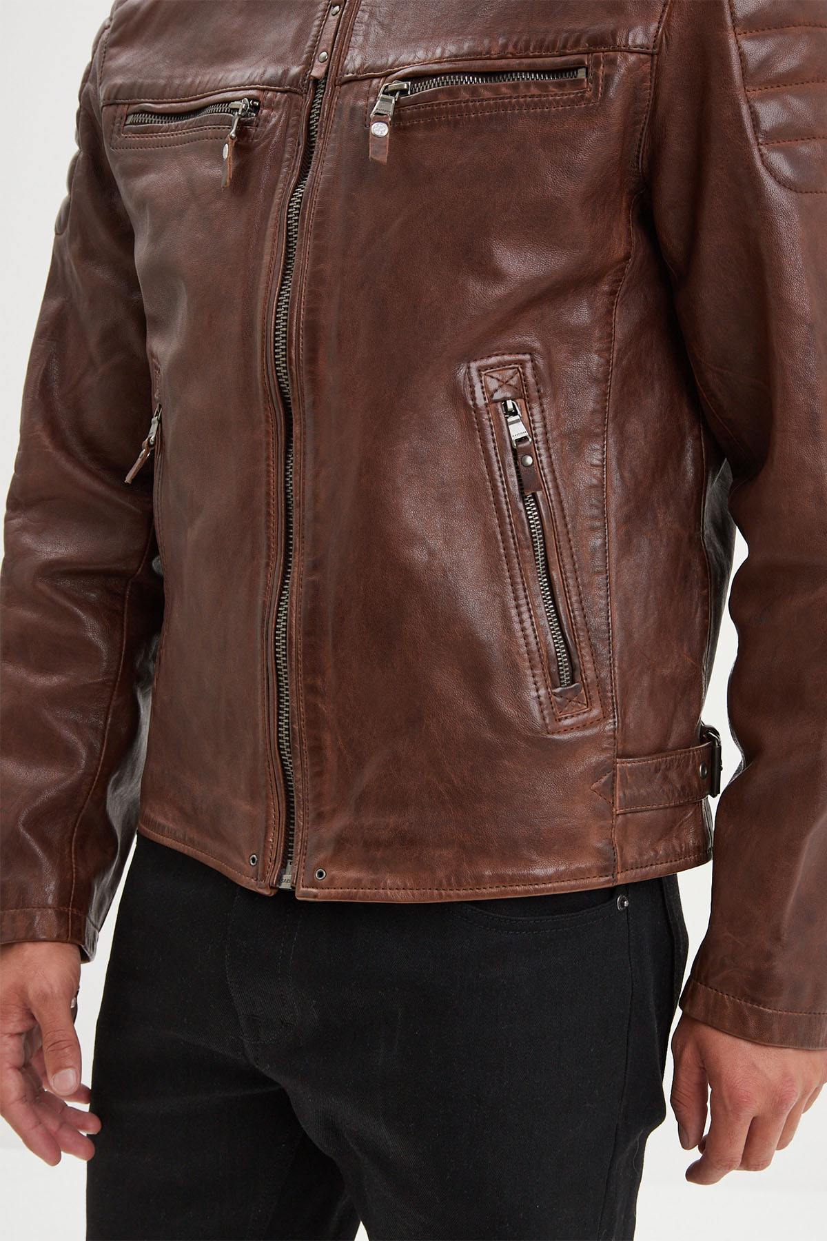 Cognac biker collar leather jacket - Image n°5