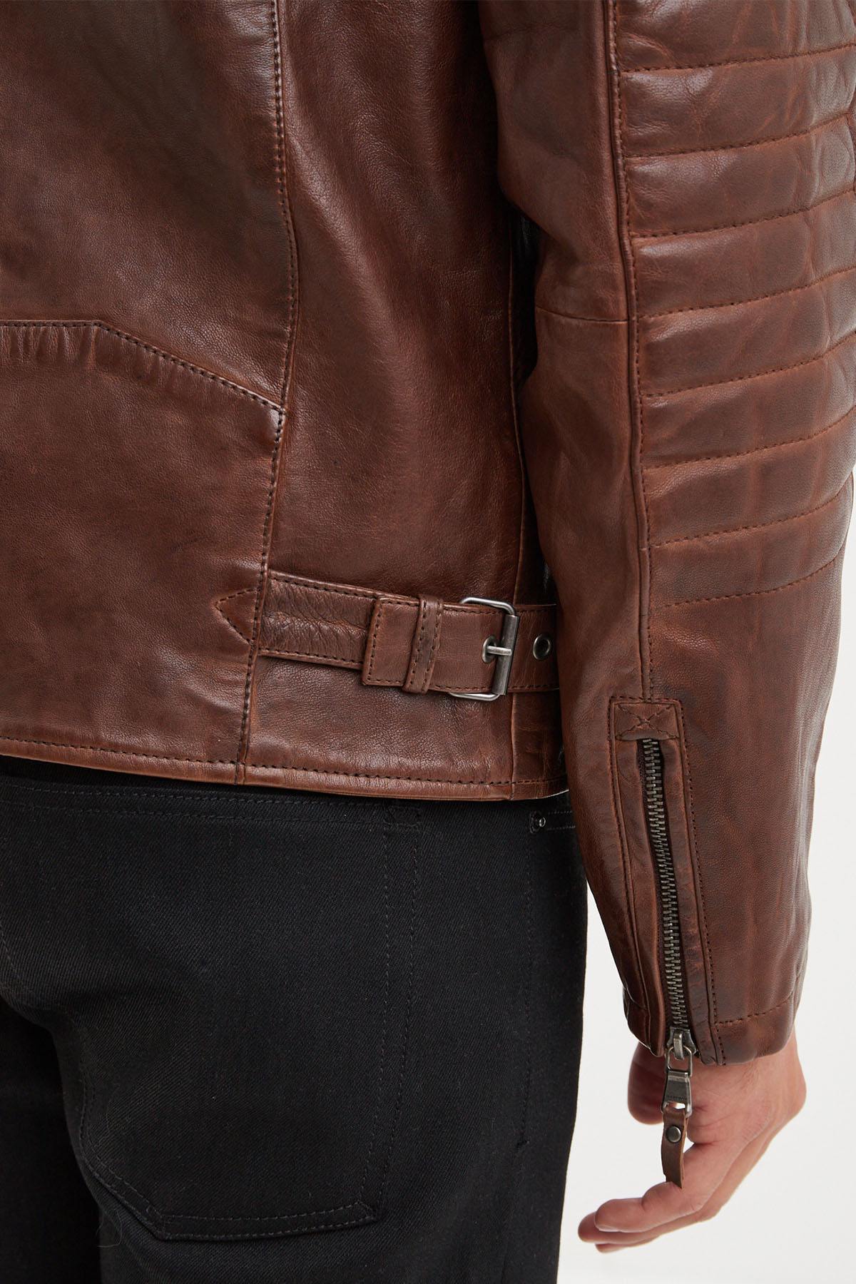 Cognac biker collar leather jacket - Image n°6