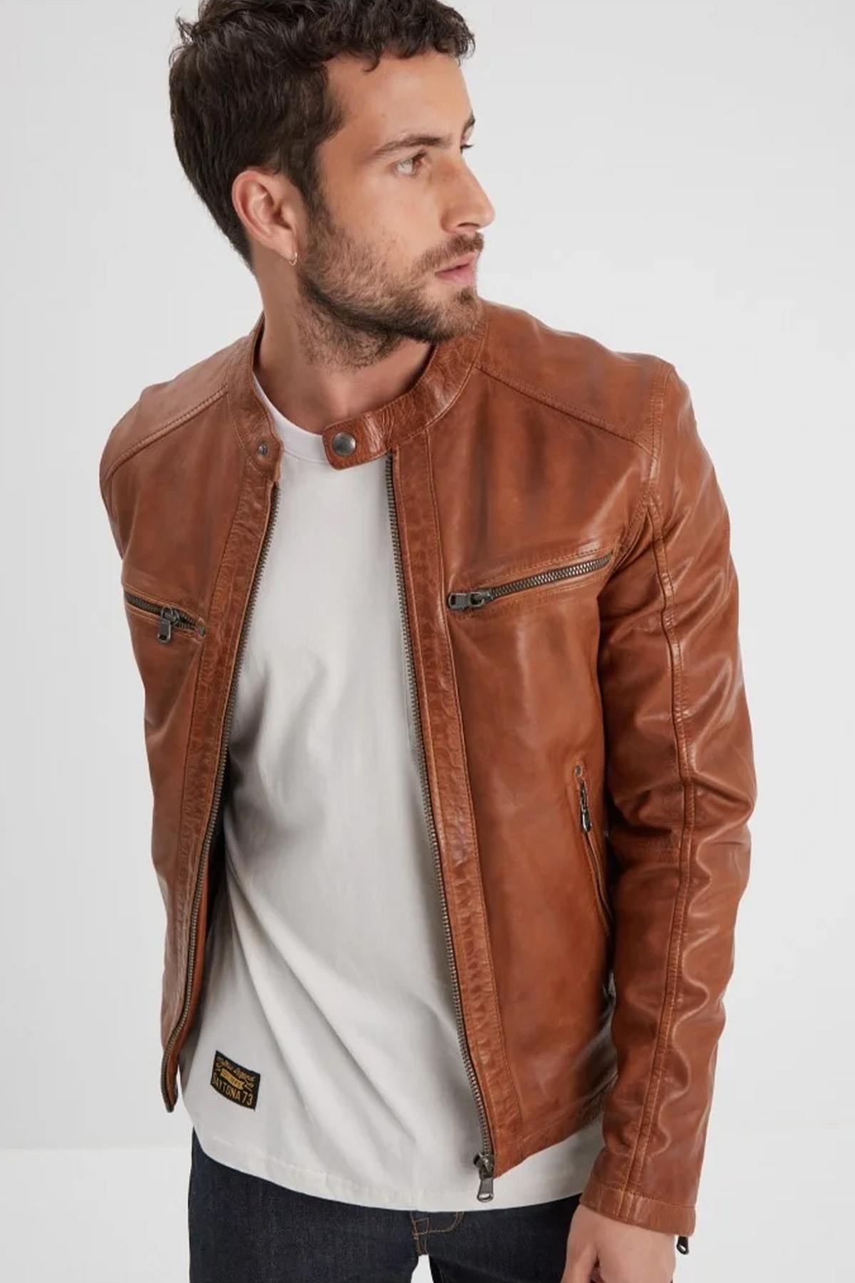 Cognac leather jacket with biker collar - Image n°7