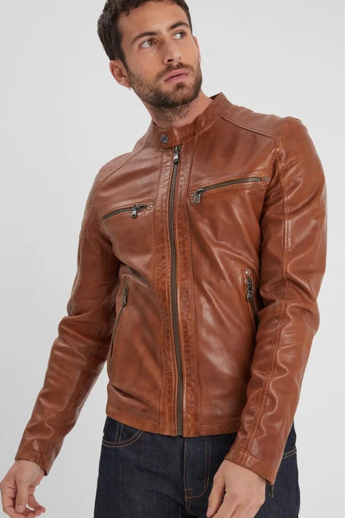 Cognac leather jacket with biker collar - Image n°2