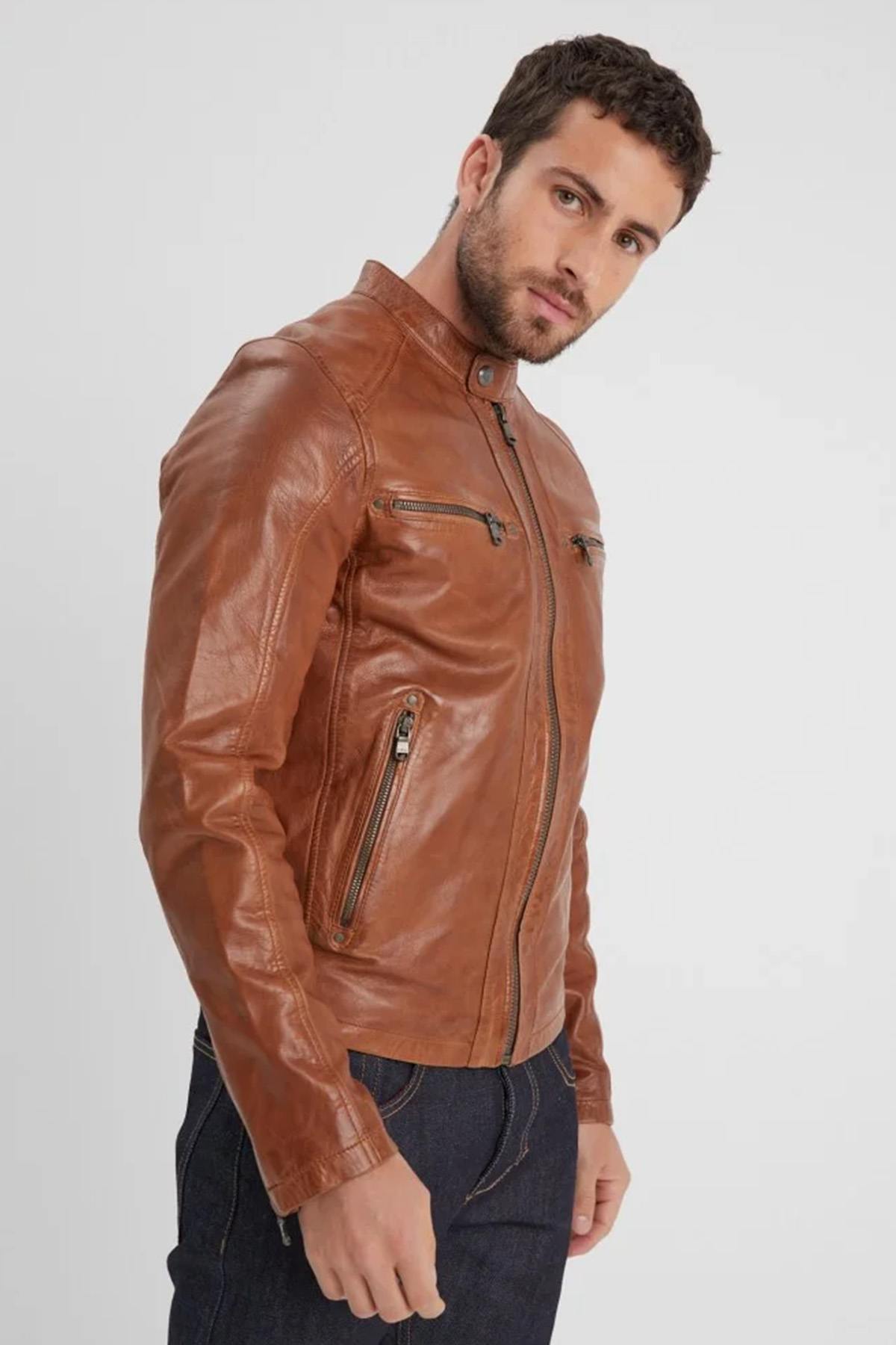 Cognac leather jacket with biker collar - Image n°4