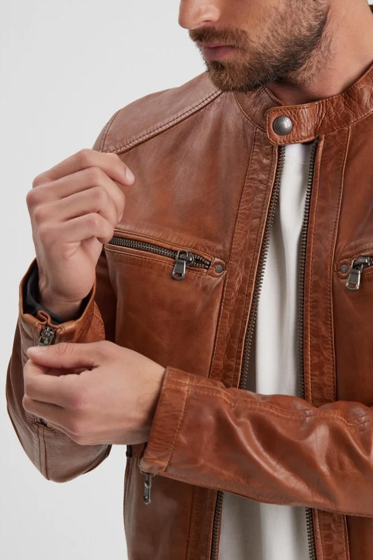 Cognac leather jacket with biker collar - Image n°3