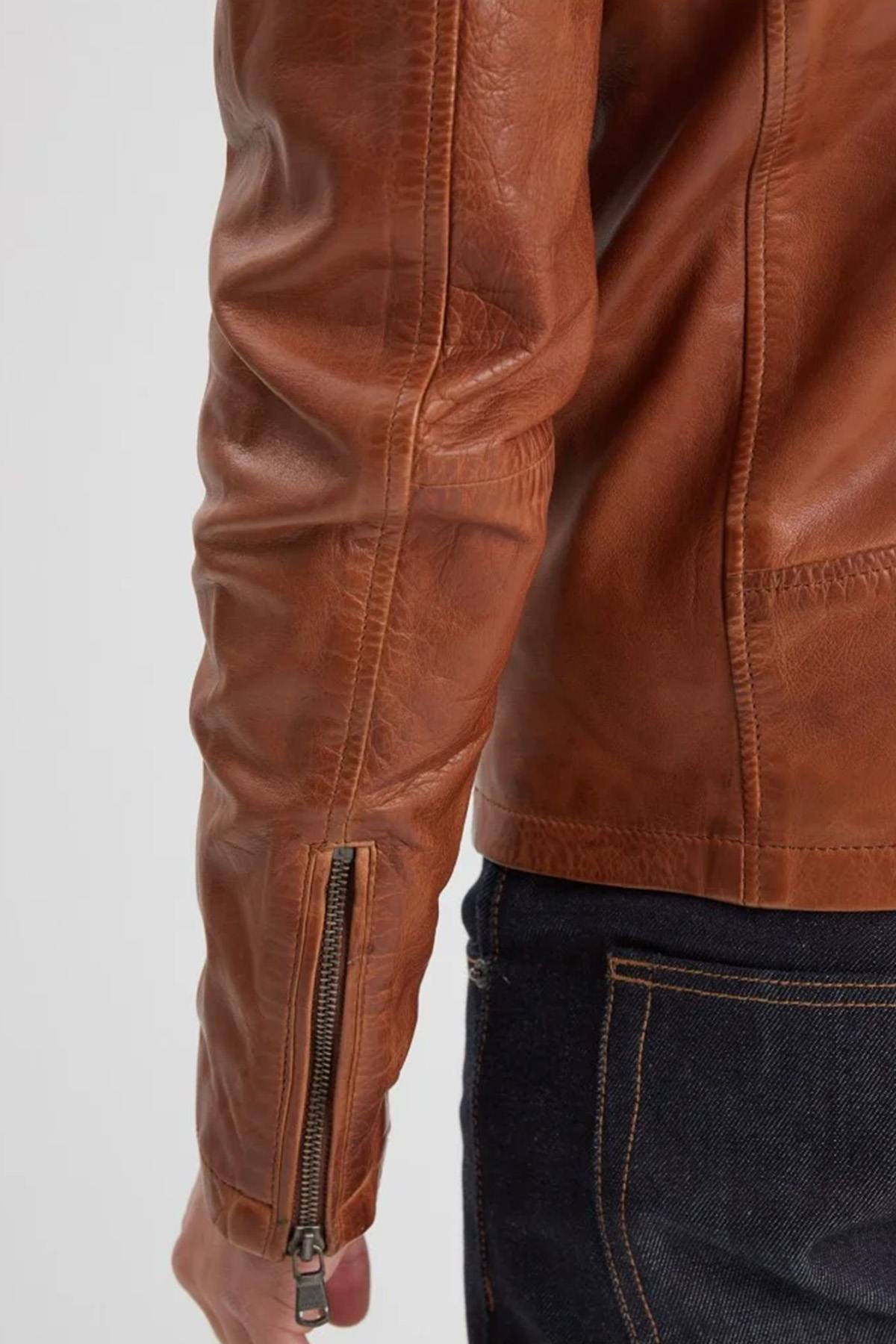 Cognac leather jacket with biker collar - Image n°6