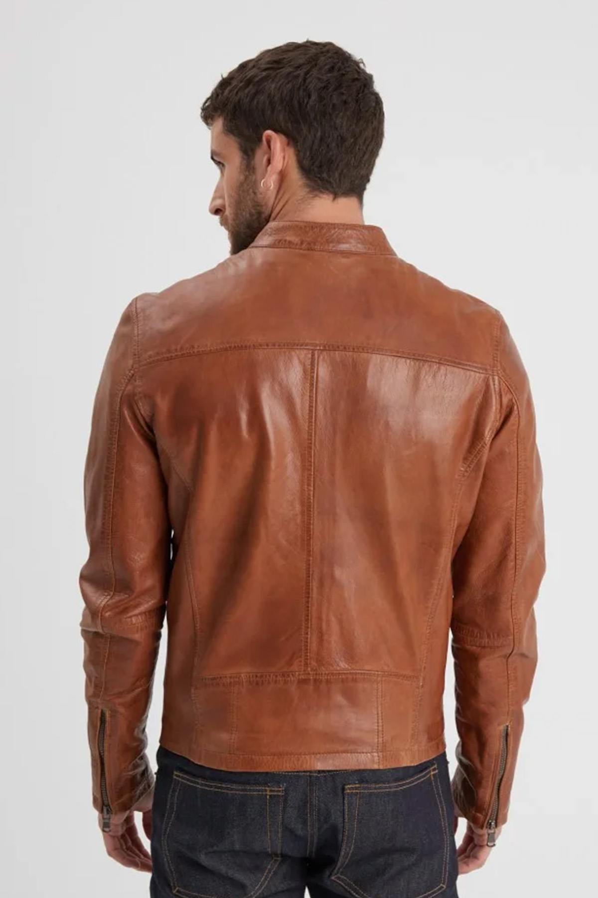 Cognac leather jacket with biker collar - Image n°5