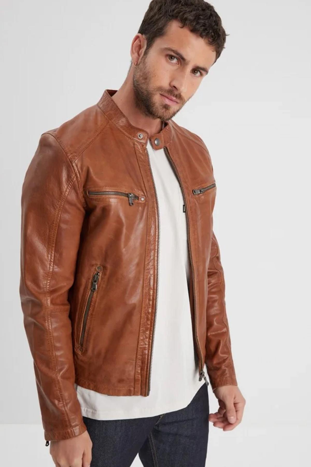 Cognac leather jacket with biker collar - Image n°1