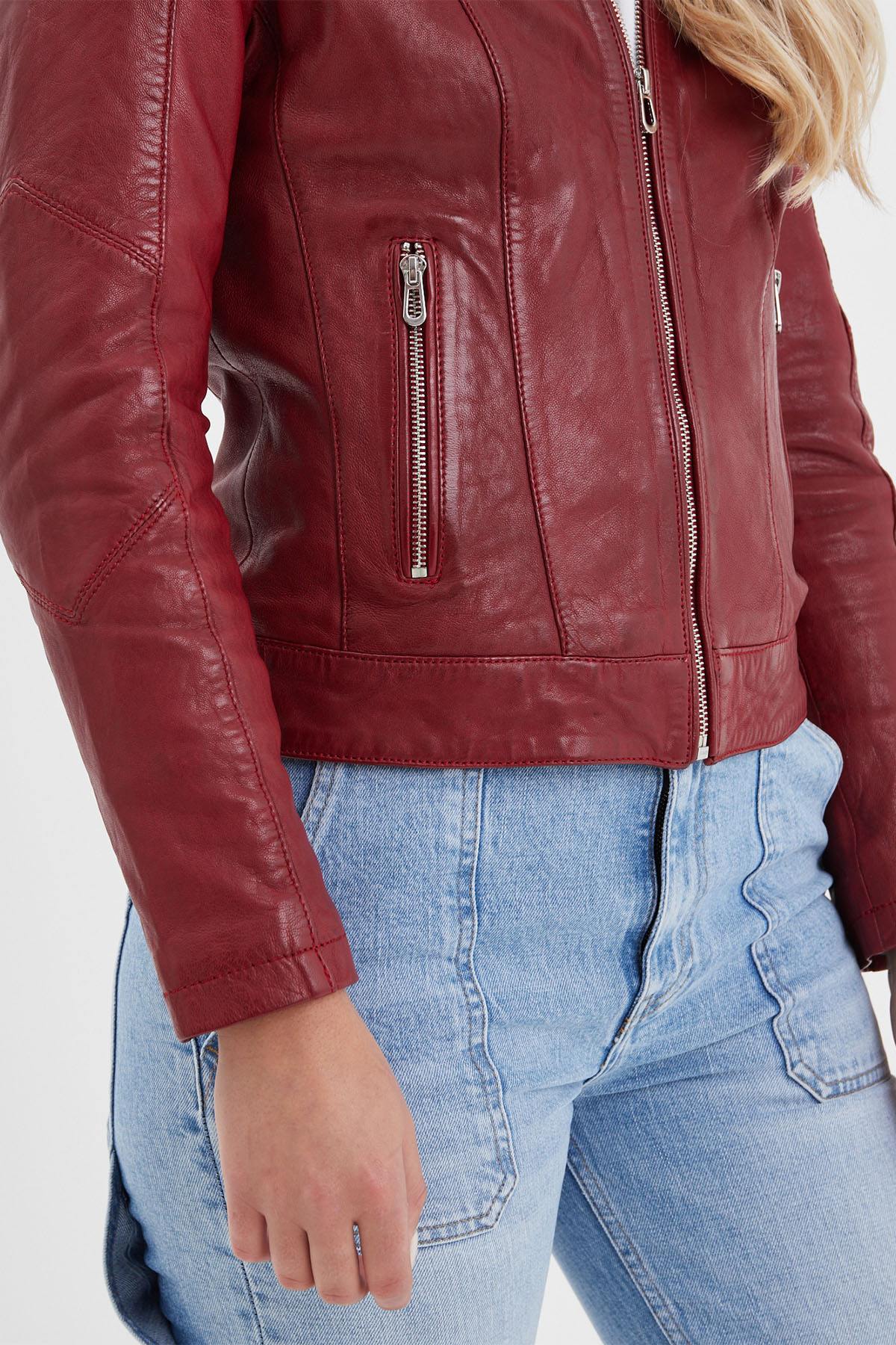 Red leather jacket with biker collar for women - Image n°9