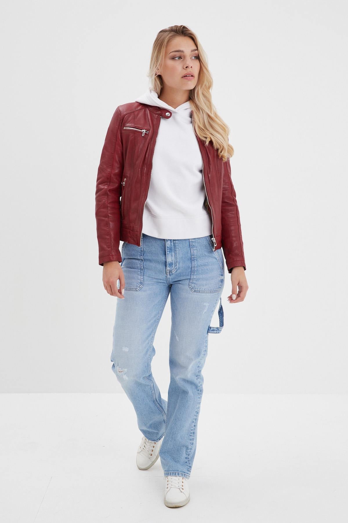 Red leather jacket with biker collar for women - Image n°5