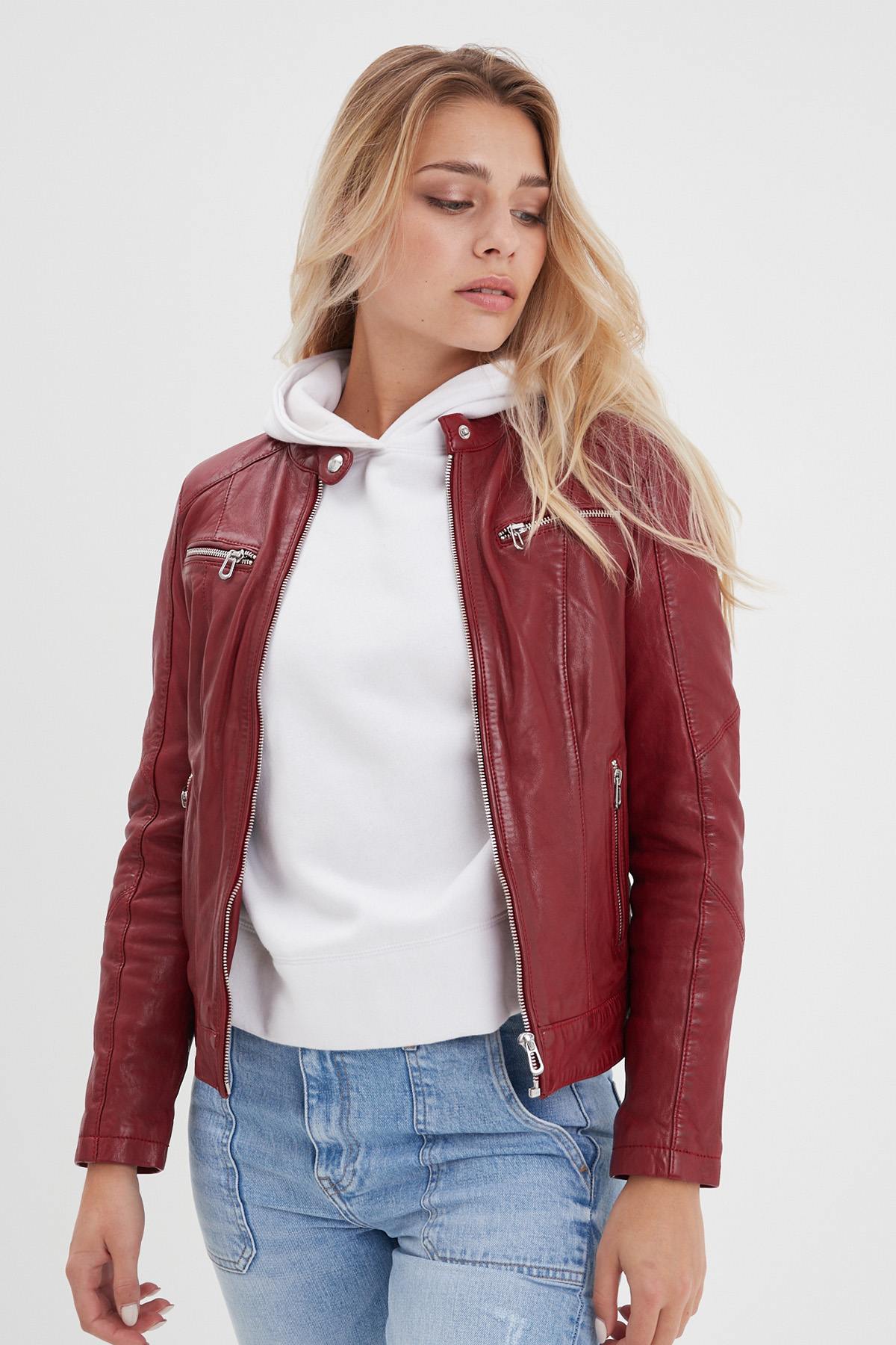 Red leather jacket with biker collar for women - Image n°4