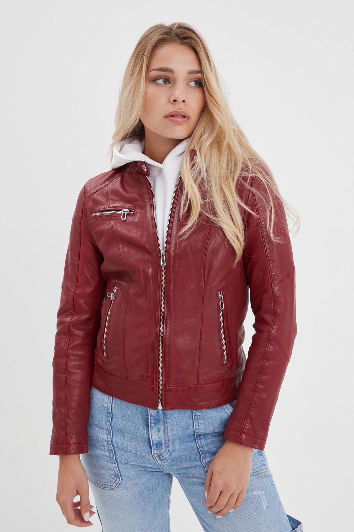 Red leather jacket with biker collar for women - Image n°6