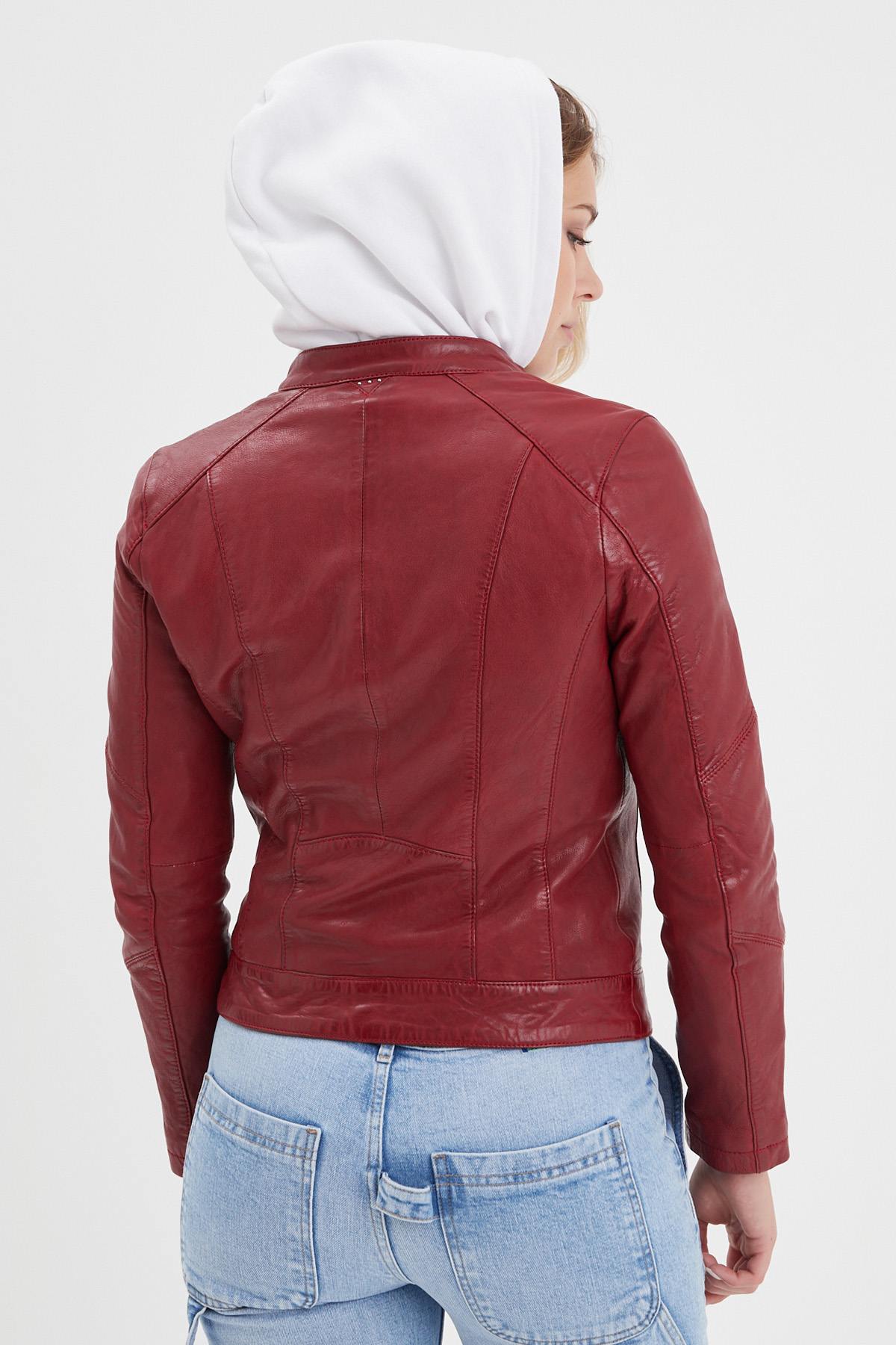 Red leather jacket with biker collar for women - Image n°7