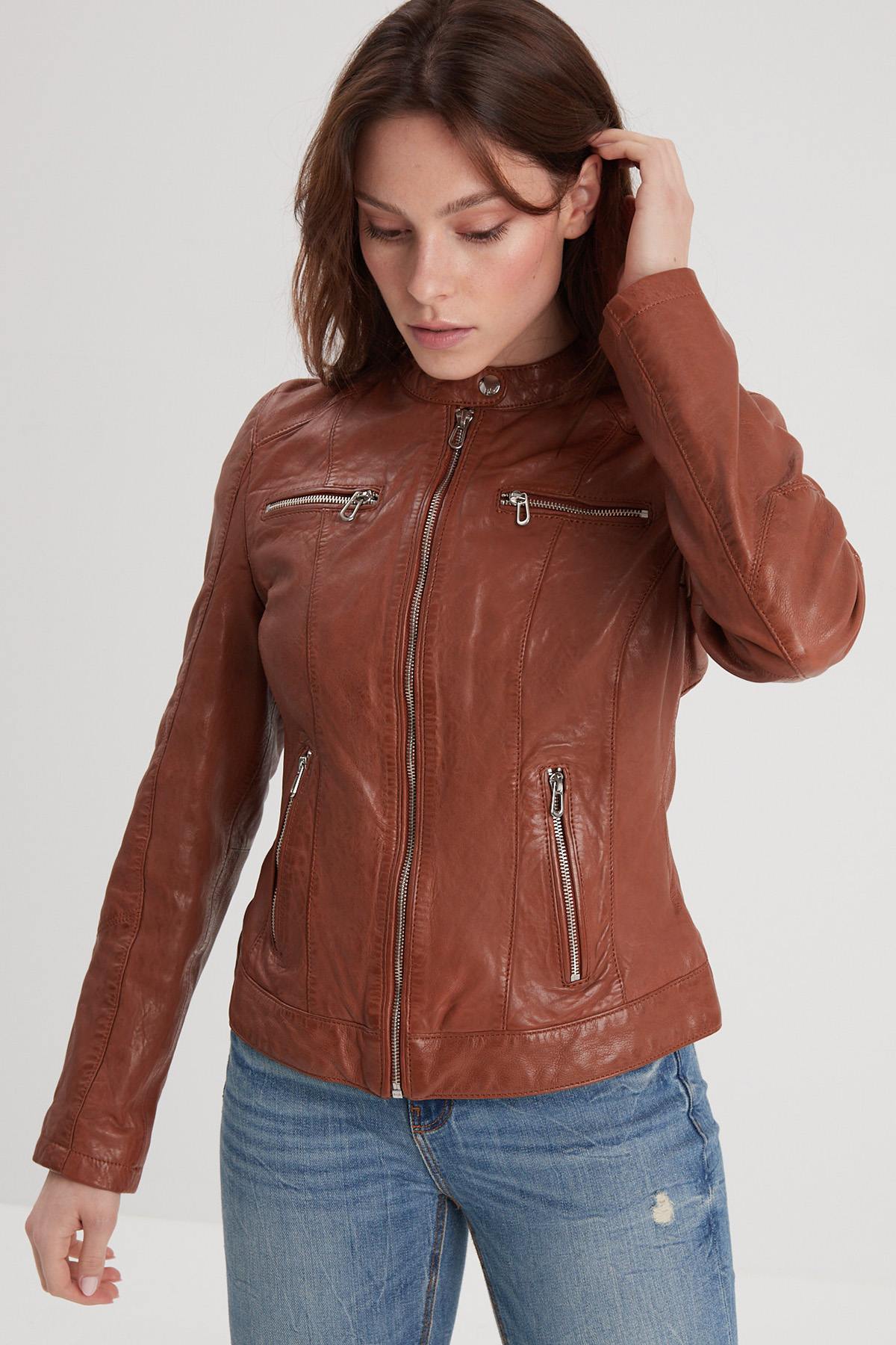 Cognac leather jacket with biker collar for women - Image n°1