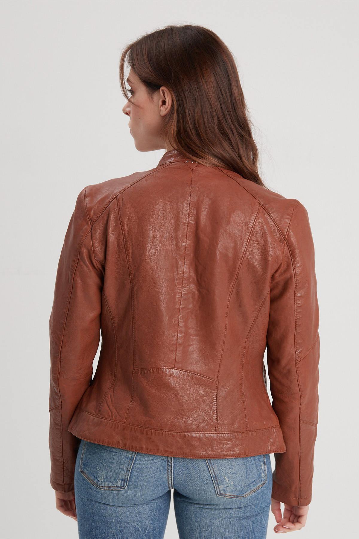 Cognac leather jacket with biker collar for women - Image n°4