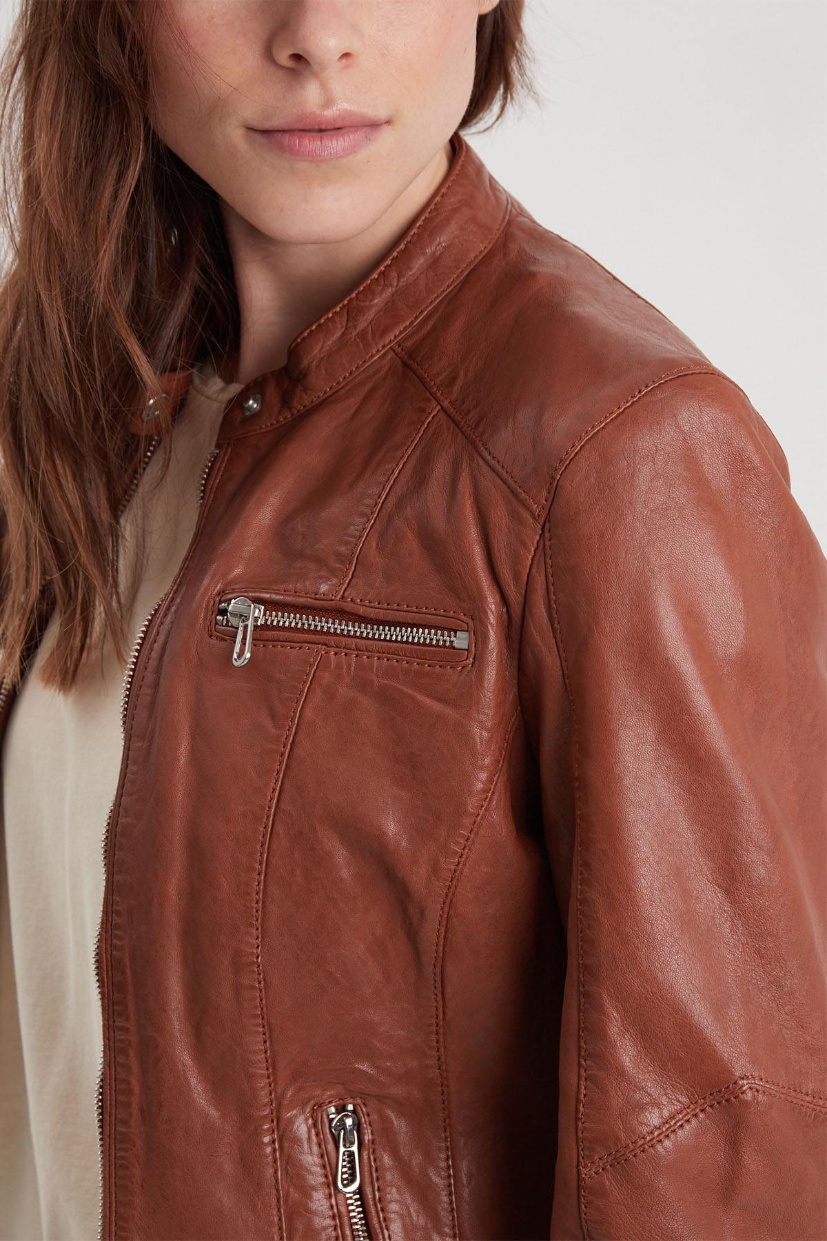 Cognac leather jacket with biker collar for women - Image n°2