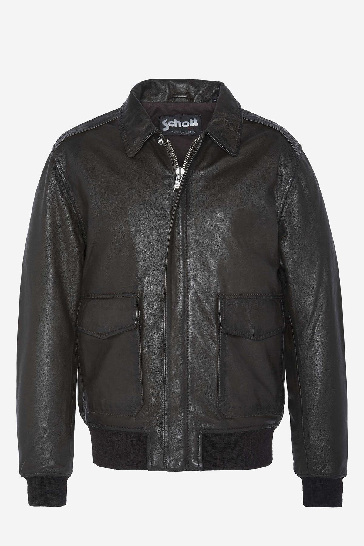 Brown leather bomber jacket with shirt collar - Image n°6