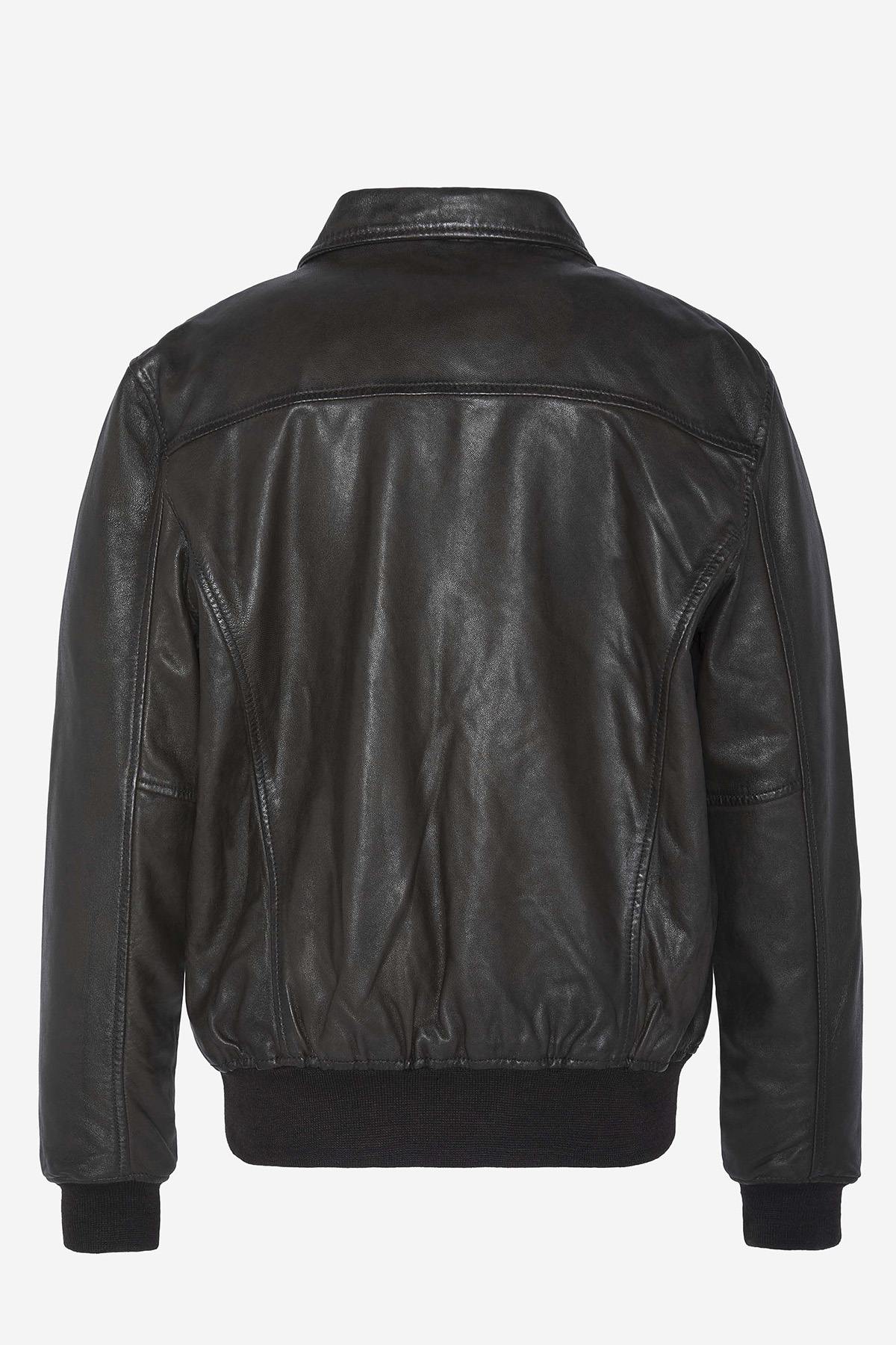 Brown leather bomber jacket with shirt collar - Image n°7