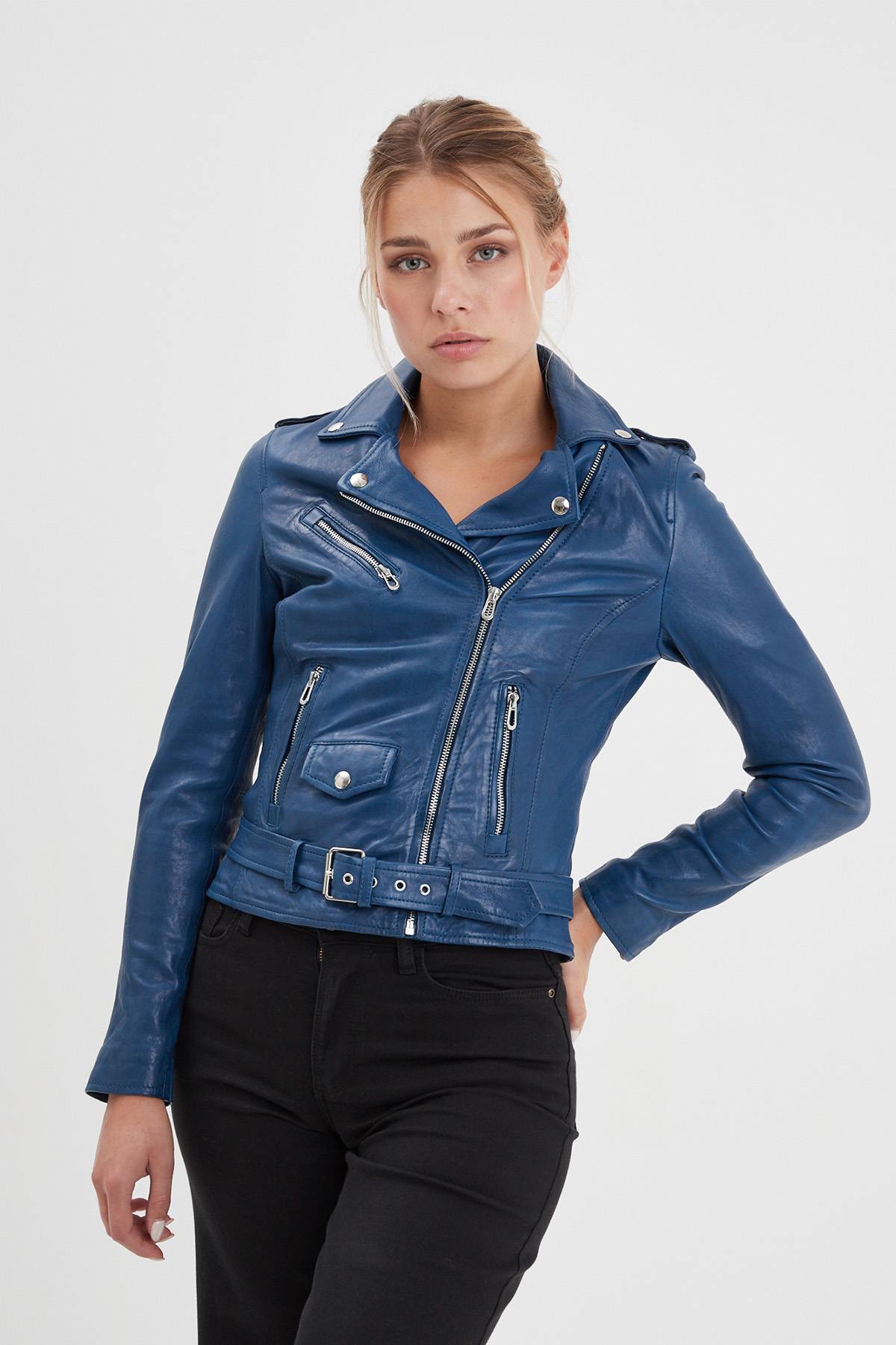 Blue leather Biker Jacket for women - Image n°5