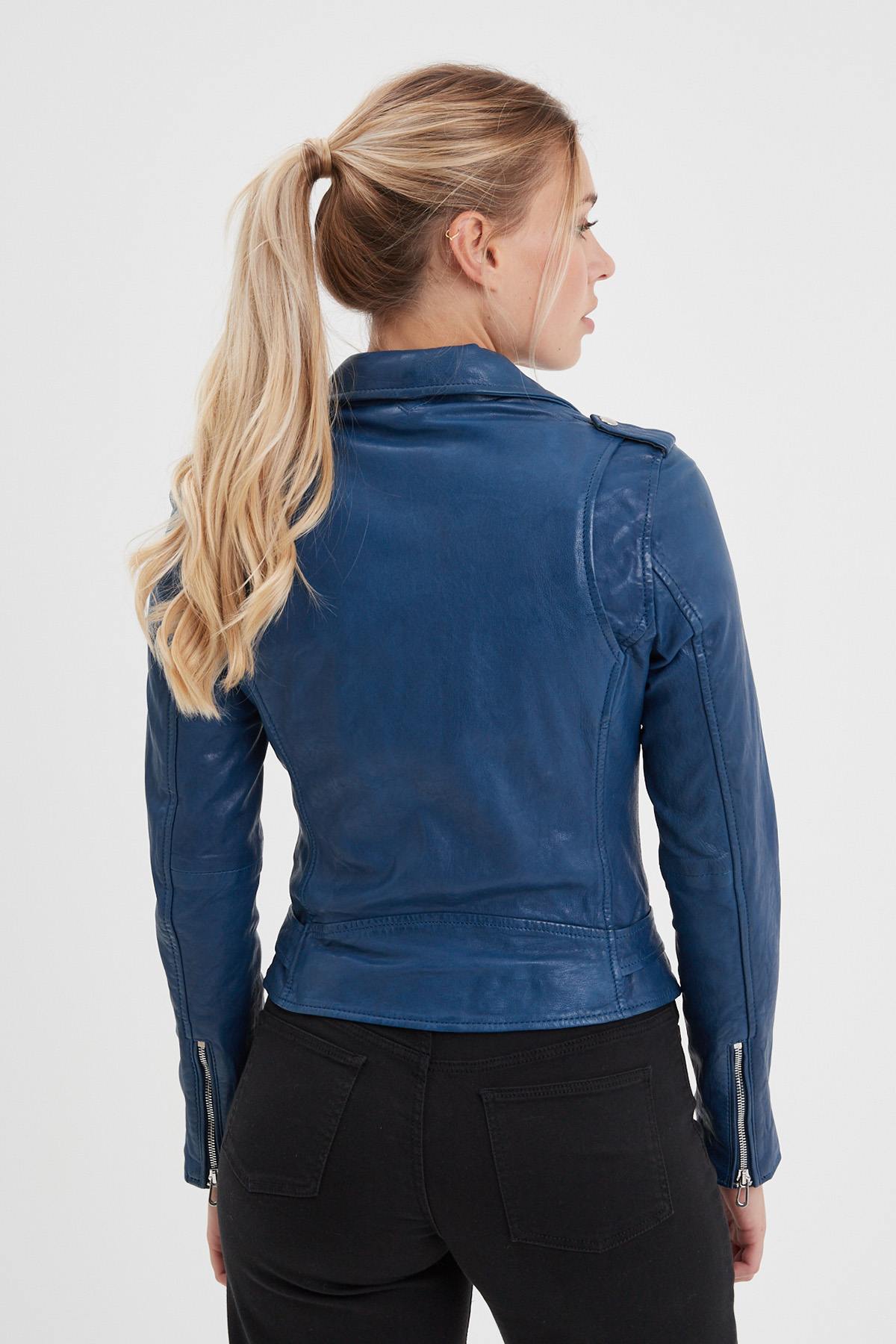 Blue leather Biker Jacket for women - Image n°10