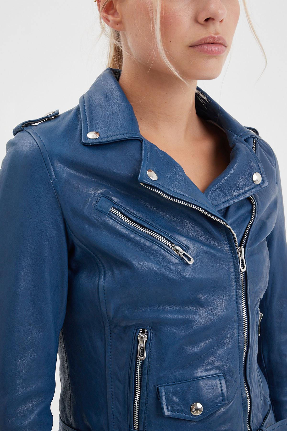 Blue leather Biker Jacket for women - Image n°11