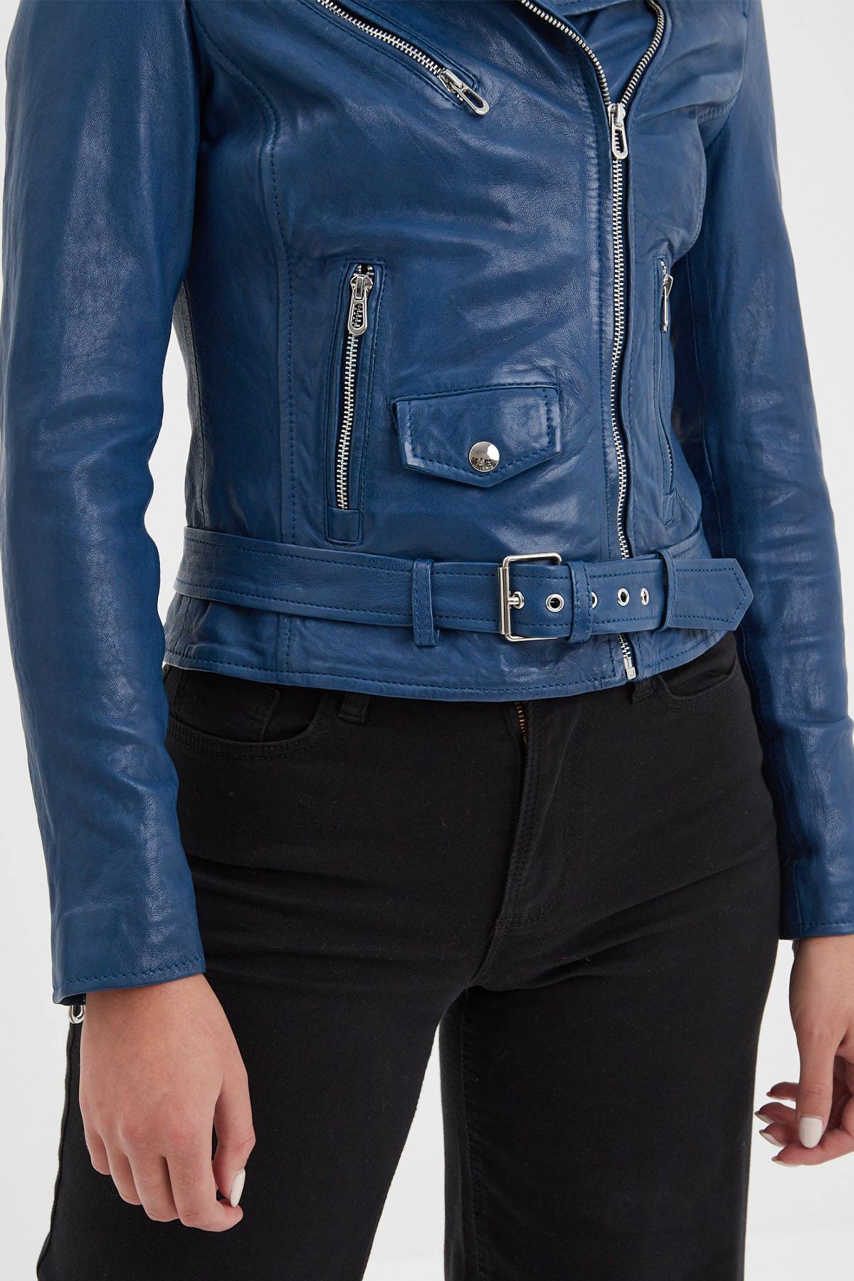 Blue leather Biker Jacket for women - Image n°12