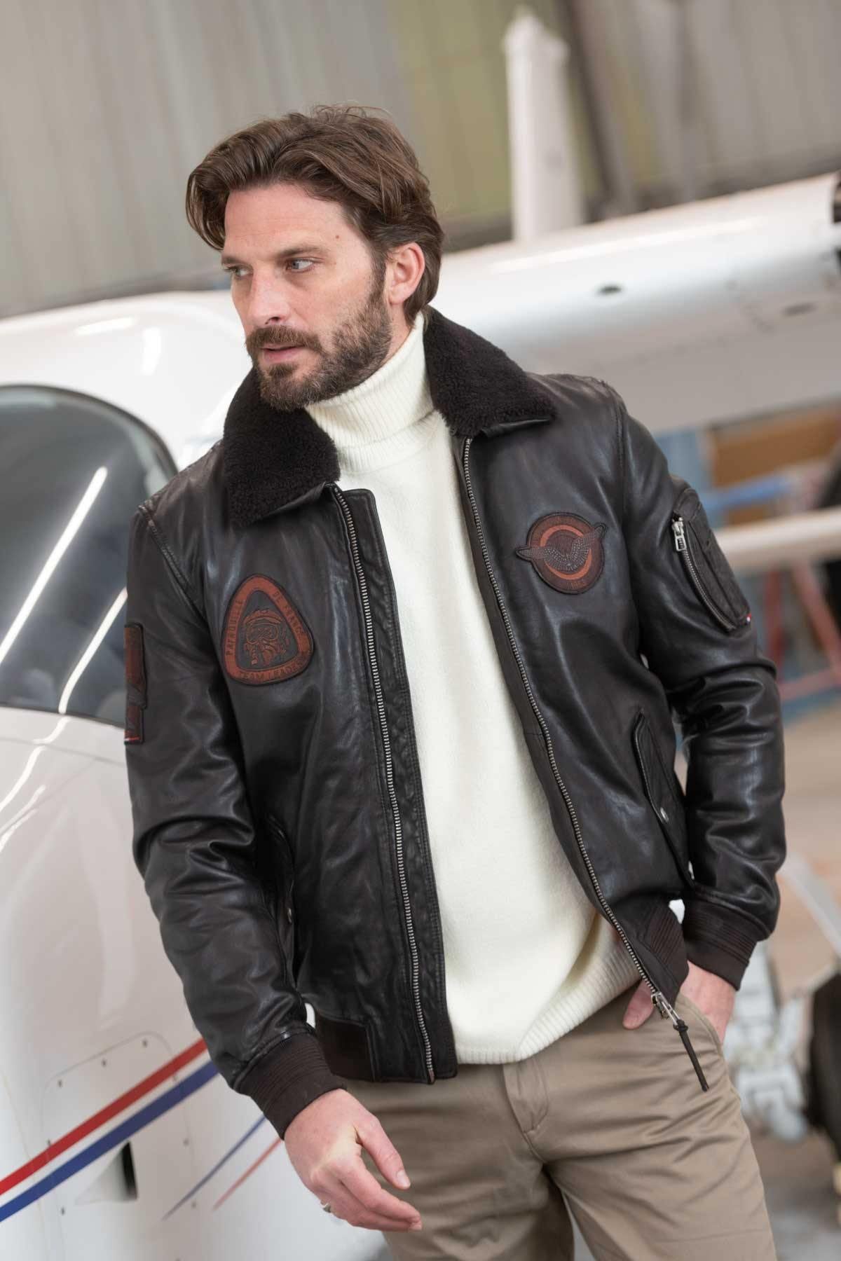 Men's dark brown leather bomber jacket - Image n°7