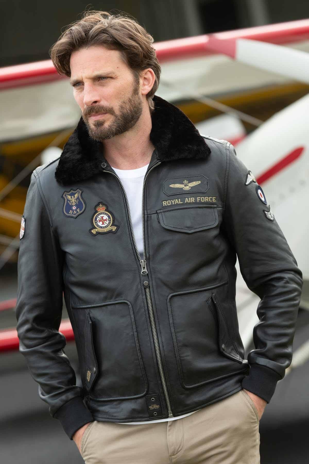 Men's black leather bomber jacket - Image n°1