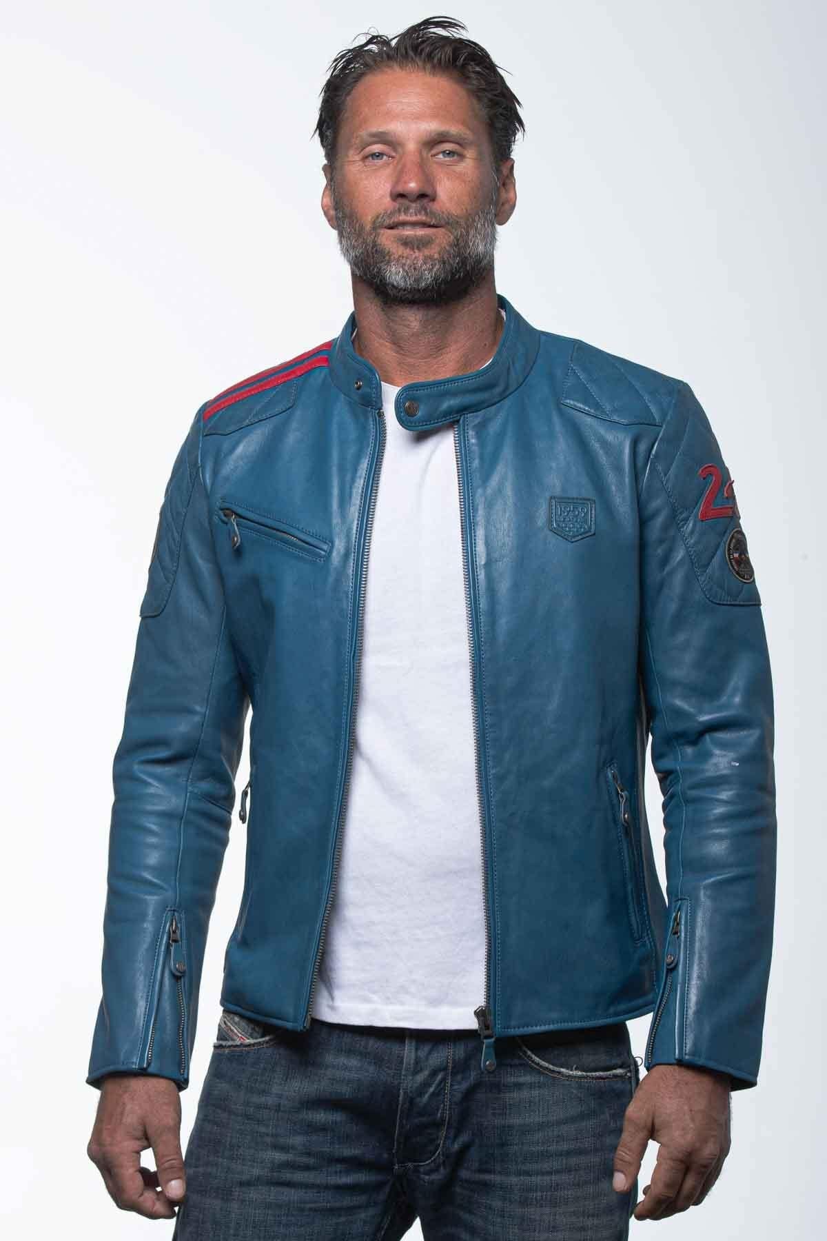 Ocean blue racing leather jacket - Image n°1