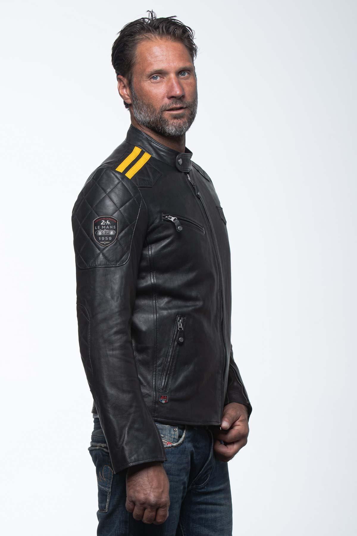 Black leather jacket with biker racing collar - Image n°5