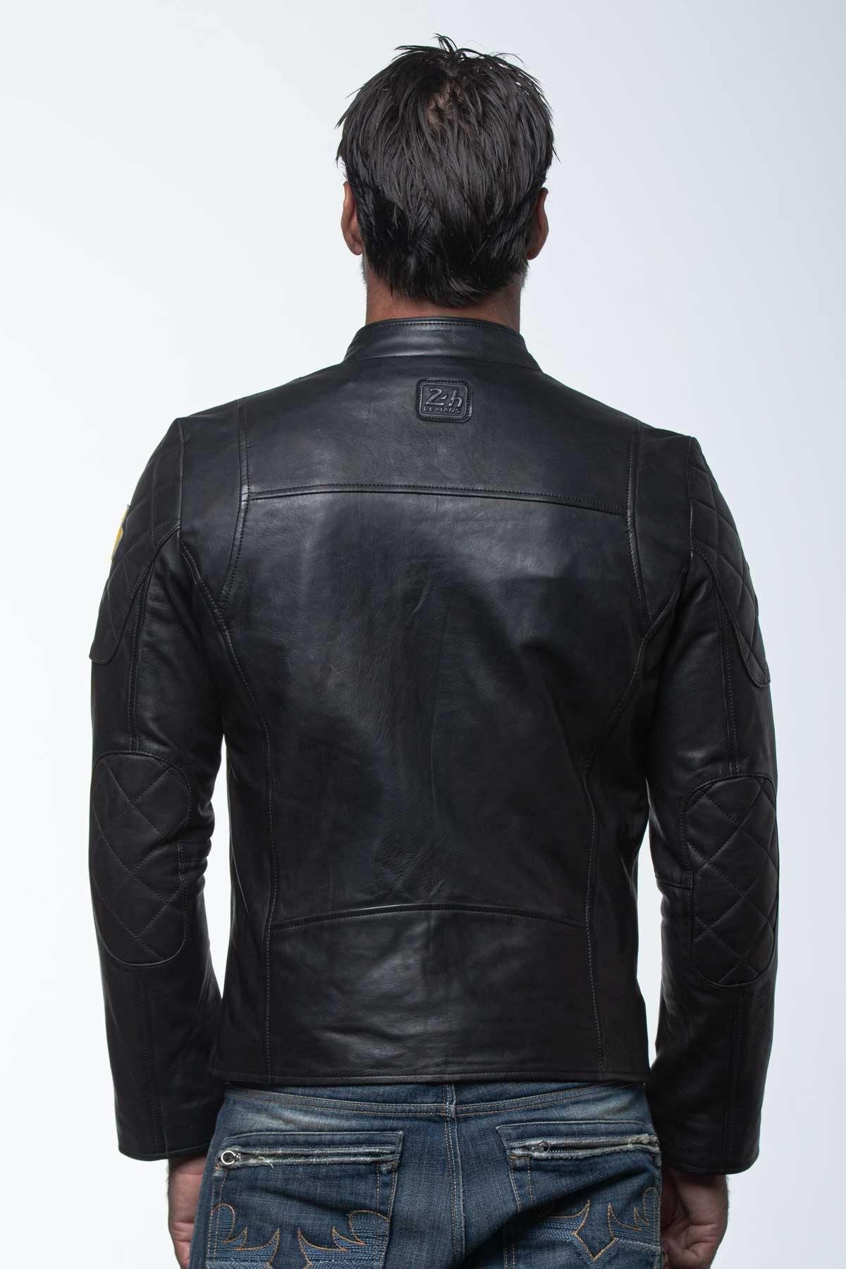 Black leather jacket with biker racing collar - Image n°4