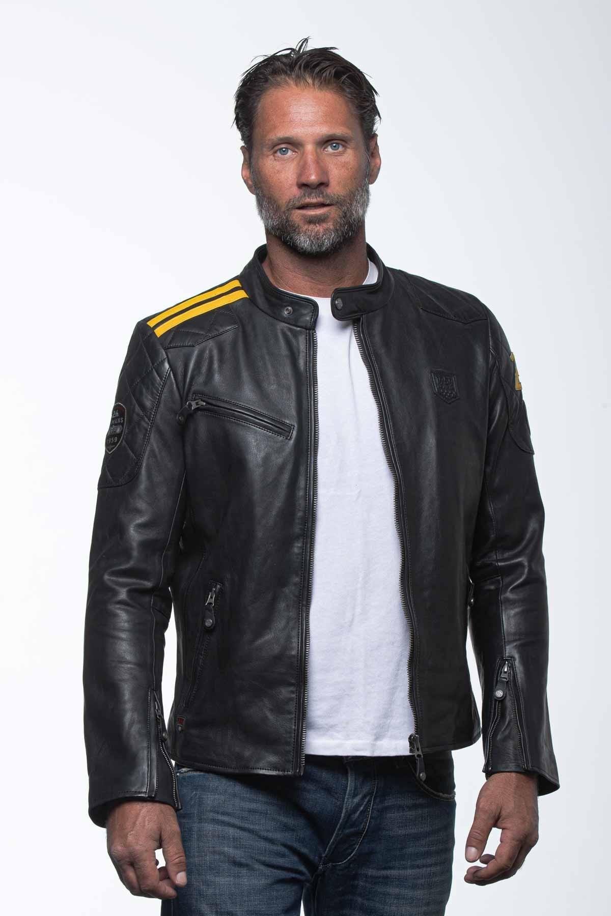 Black leather jacket with biker racing collar - Image n°3