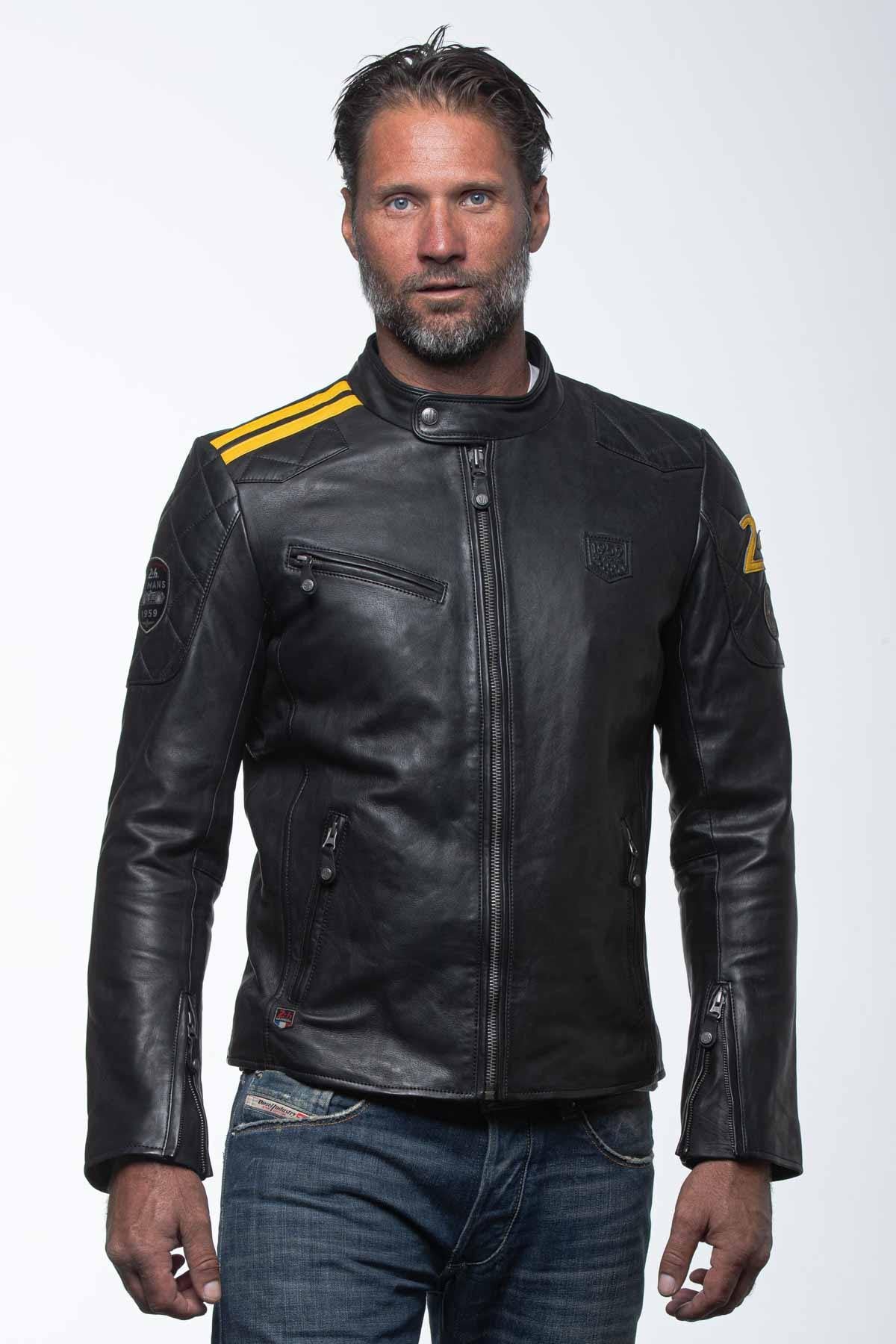 Black leather jacket with biker racing collar - Image n°1