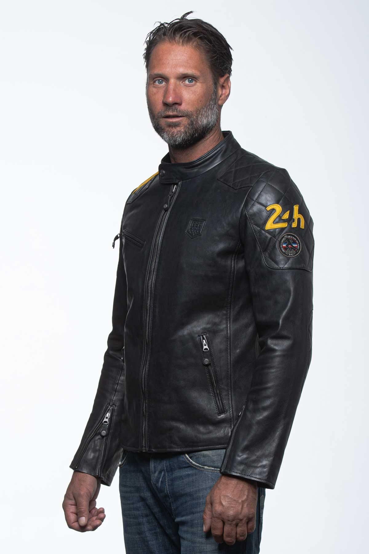 Black leather jacket with biker racing collar - Image n°2