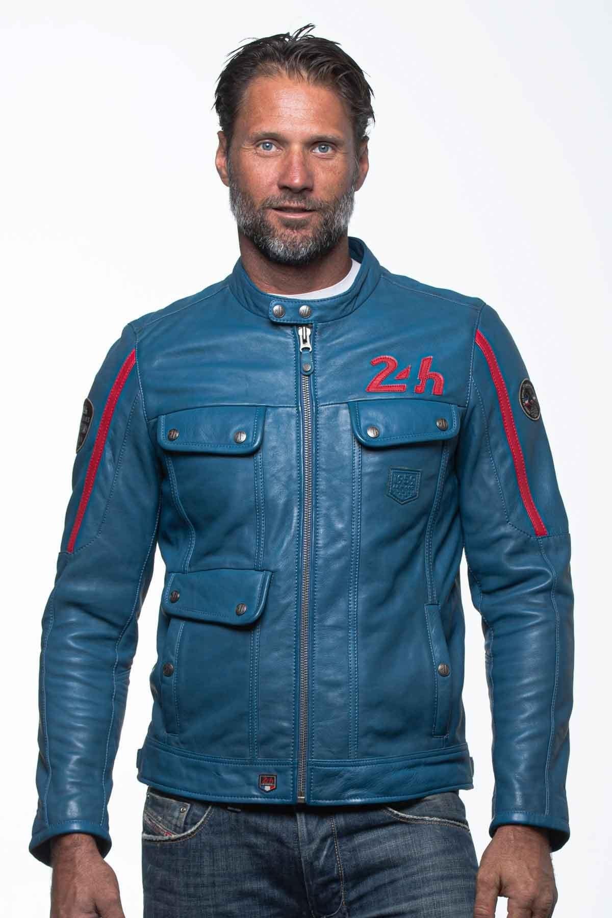 Ocean blue racing biker collar leather jacket - Image n°2