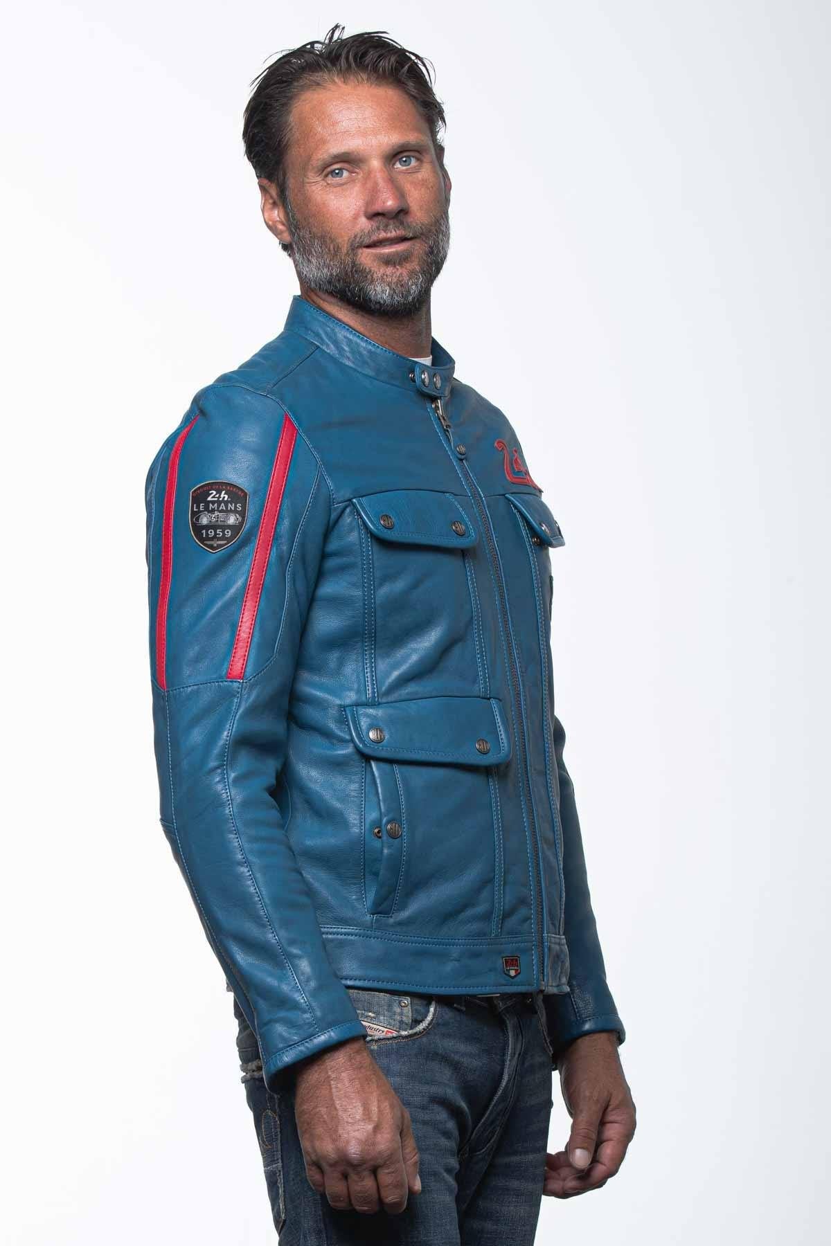 Ocean blue racing biker collar leather jacket - Image n°4