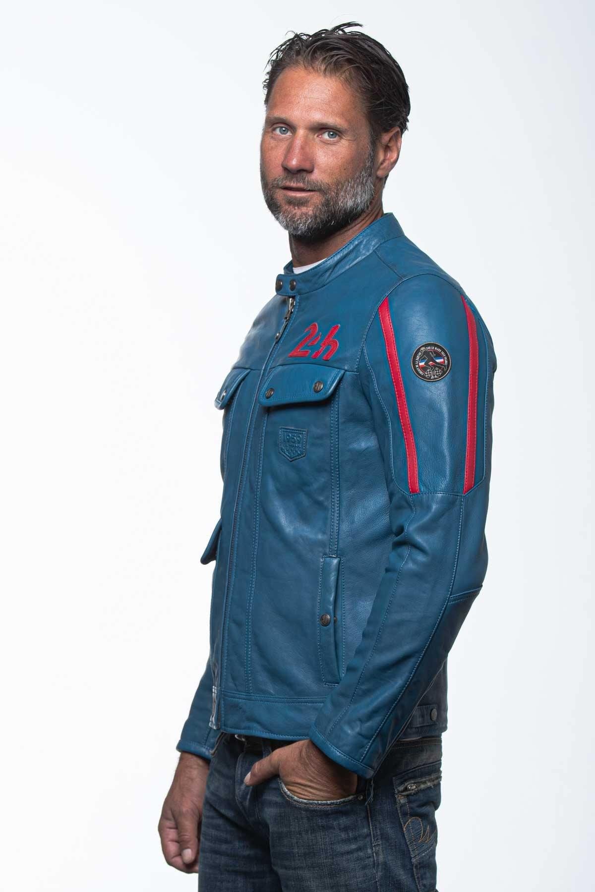 Ocean blue racing biker collar leather jacket - Image n°3