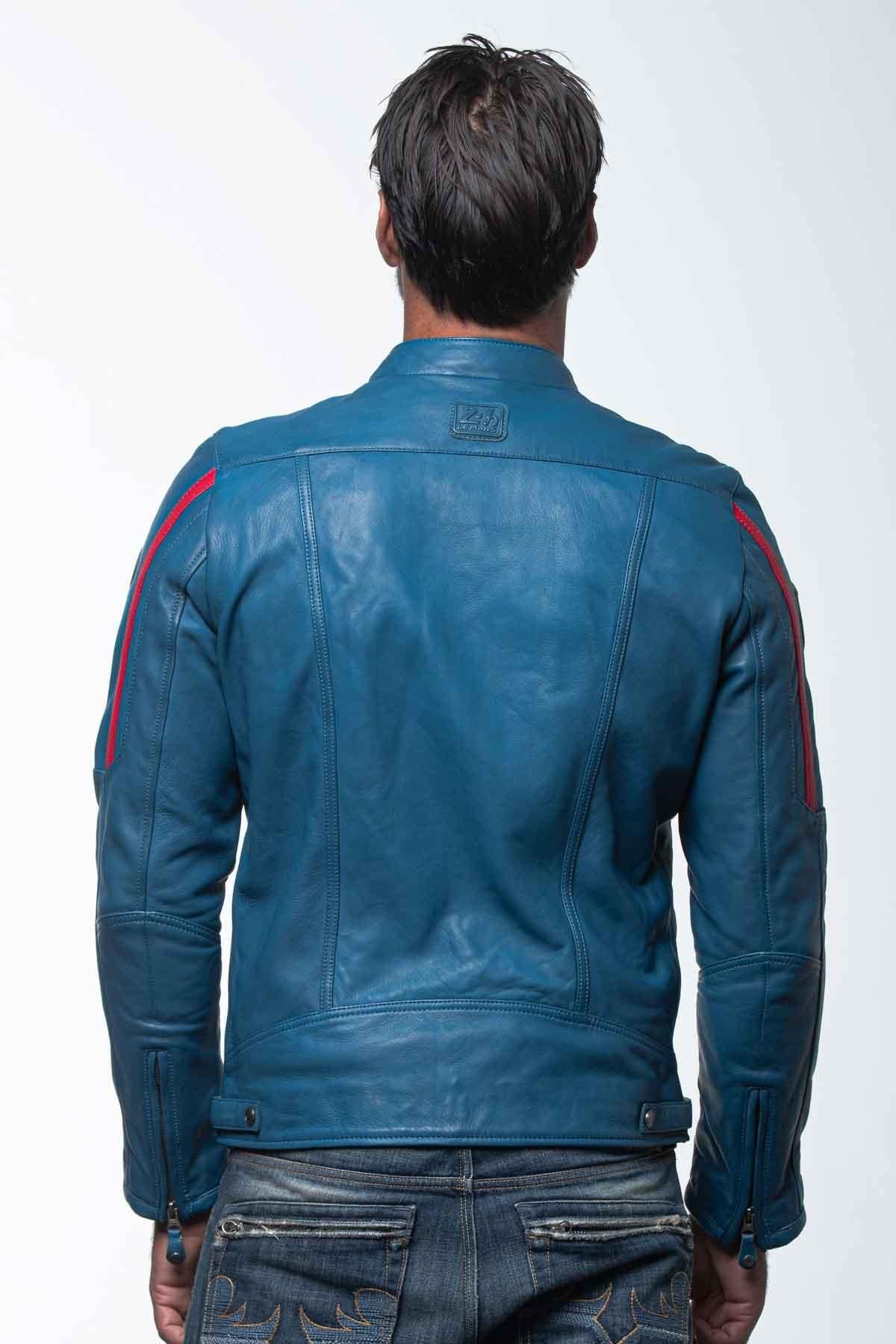 Ocean blue racing biker collar leather jacket - Image n°5