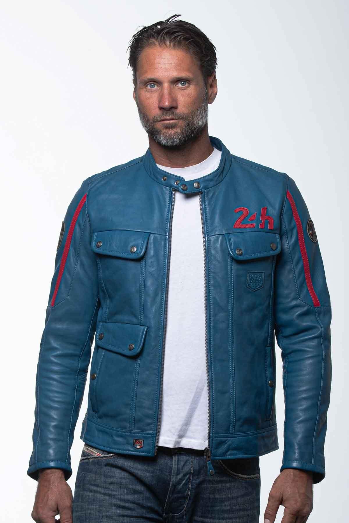 Ocean blue racing biker collar leather jacket - Image n°1