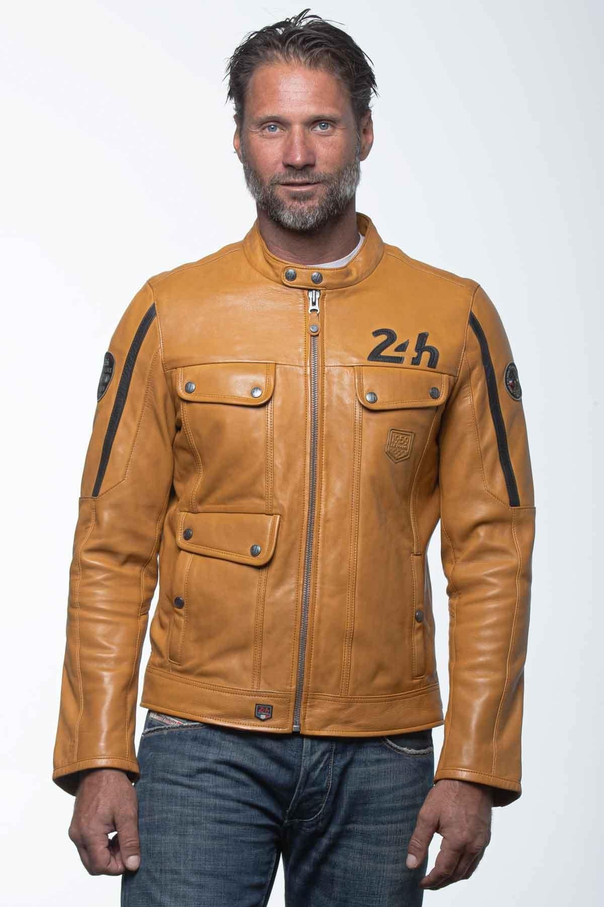 Yellow racing biker collar leather jacket - Image n°3