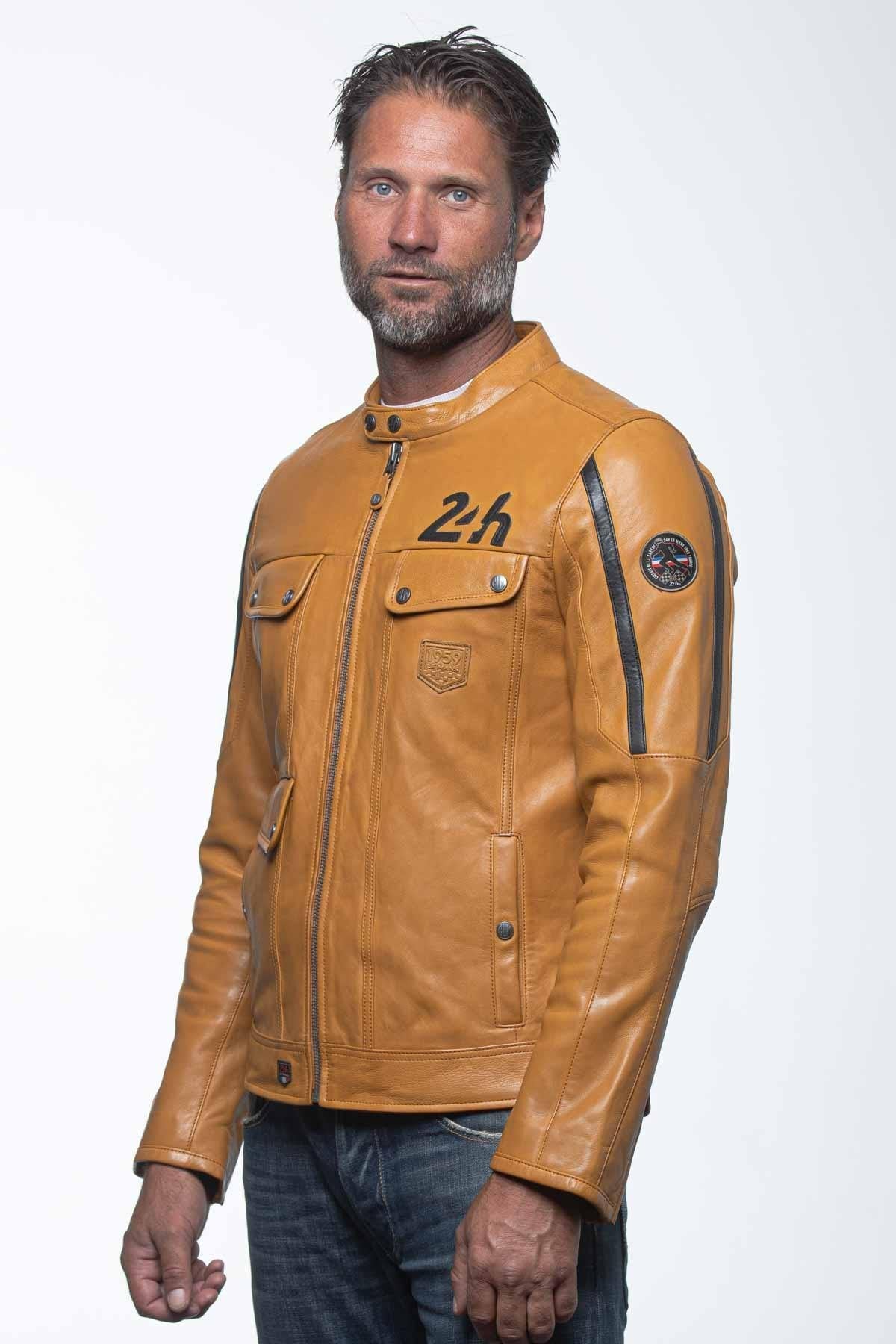 Yellow racing biker collar leather jacket - Image n°2